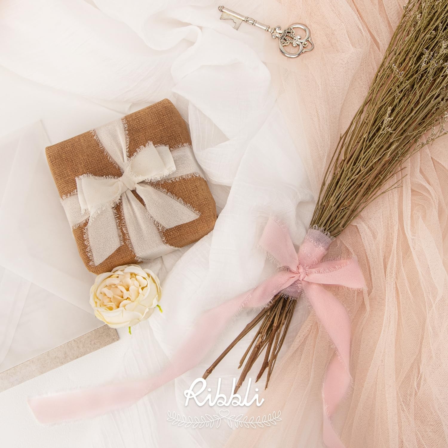 Ribbli Creamy Sage Ribbon 1 Inch x 3 Rolls Total 24 Yards Light Green Handmade Fringe Chiffon Silk Ribbon for Wrapping Wedding Invitations Bridal Bouquets DIY Crafts Home Decor(Cream/Blush/Rose Gold)