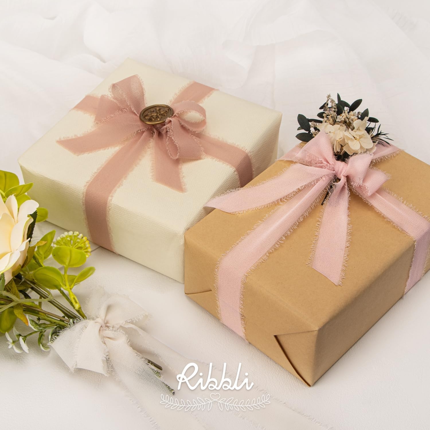 Ribbli Creamy Sage Ribbon 1 Inch x 3 Rolls Total 24 Yards Light Green Handmade Fringe Chiffon Silk Ribbon for Wrapping Wedding Invitations Bridal Bouquets DIY Crafts Home Decor(Cream/Blush/Rose Gold)