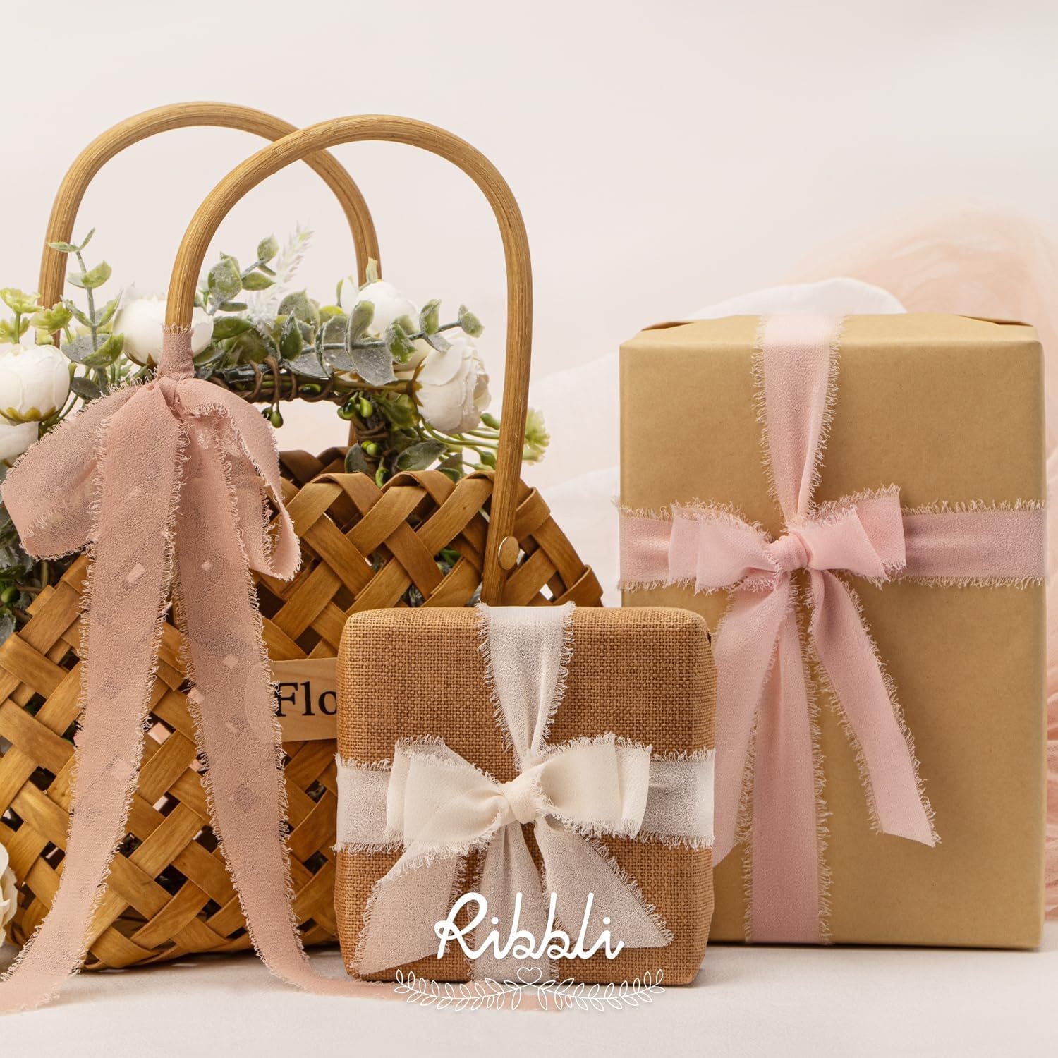 Ribbli Creamy Sage Ribbon 1 Inch x 3 Rolls Total 24 Yards Light Green Handmade Fringe Chiffon Silk Ribbon for Wrapping Wedding Invitations Bridal Bouquets DIY Crafts Home Decor(Cream/Blush/Rose Gold)