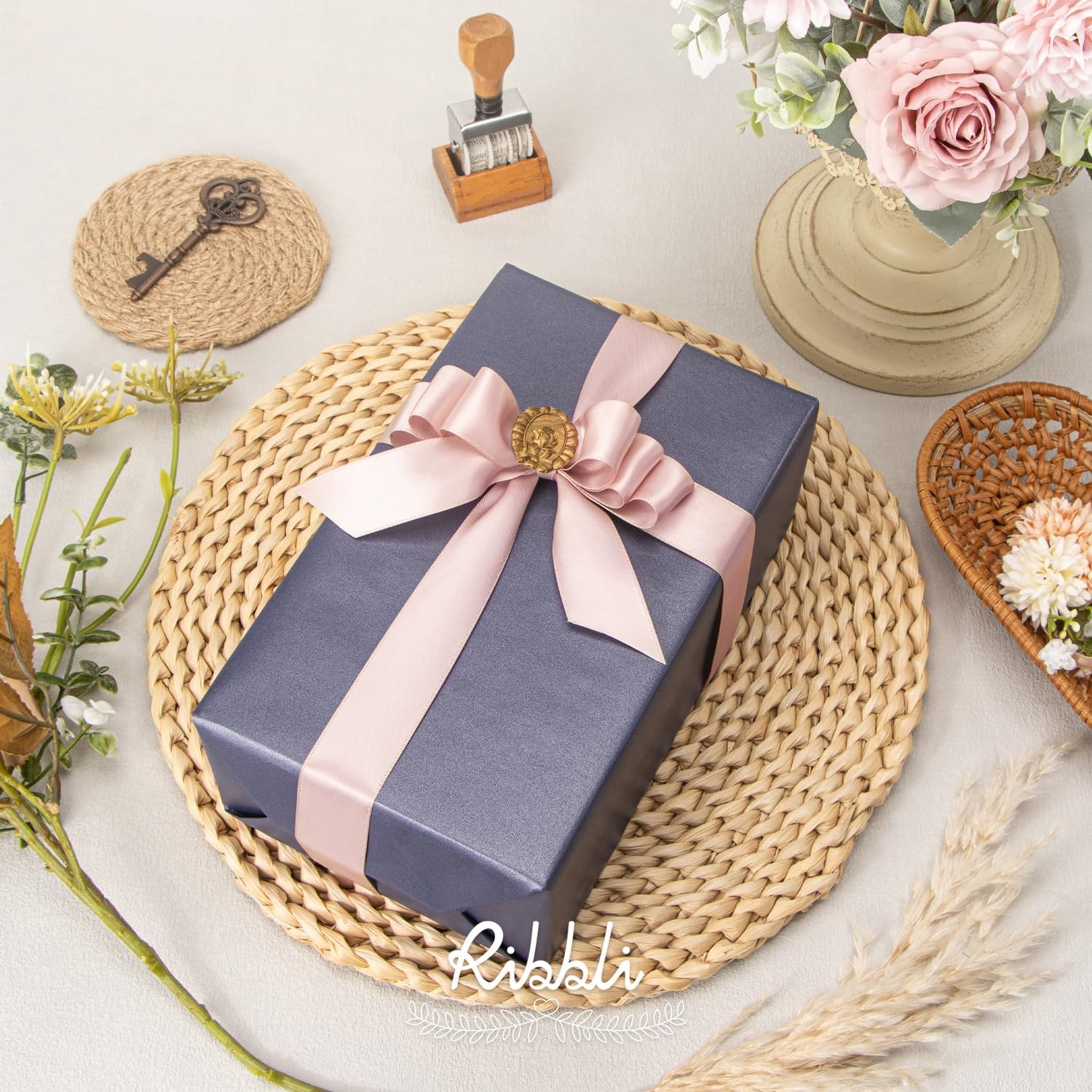 Ribbli Double Faced Rose Gold Satin Ribbon,3/8 x Continuous 25 Yards,Use for Bows Bouquet,Gift Wrapping,Floral Arrangement(Vanilla)