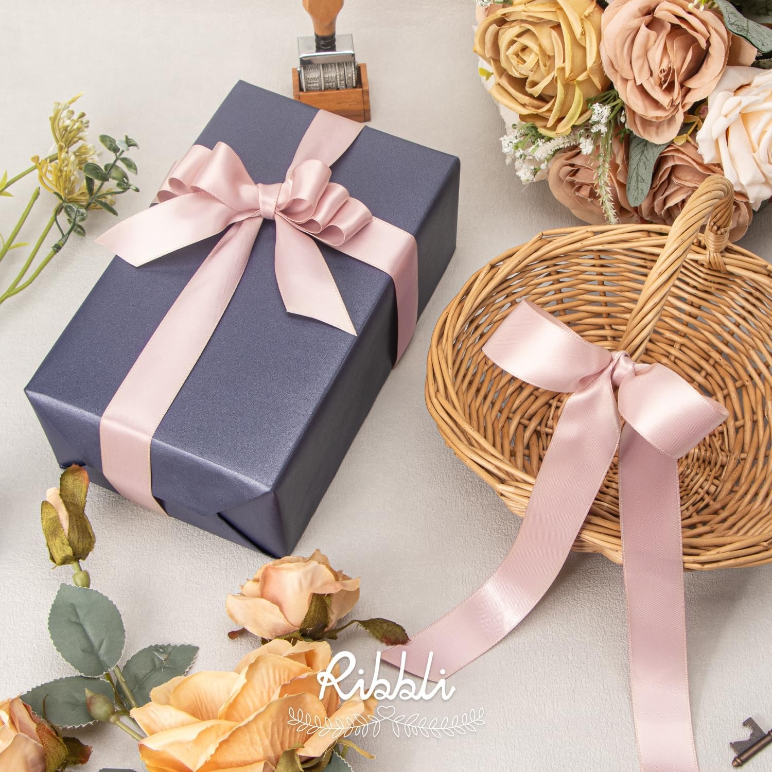 Ribbli Double Faced Rose Gold Satin Ribbon,3/8 x Continuous 25 Yards,Use for Bows Bouquet,Gift Wrapping,Floral Arrangement(Vanilla)