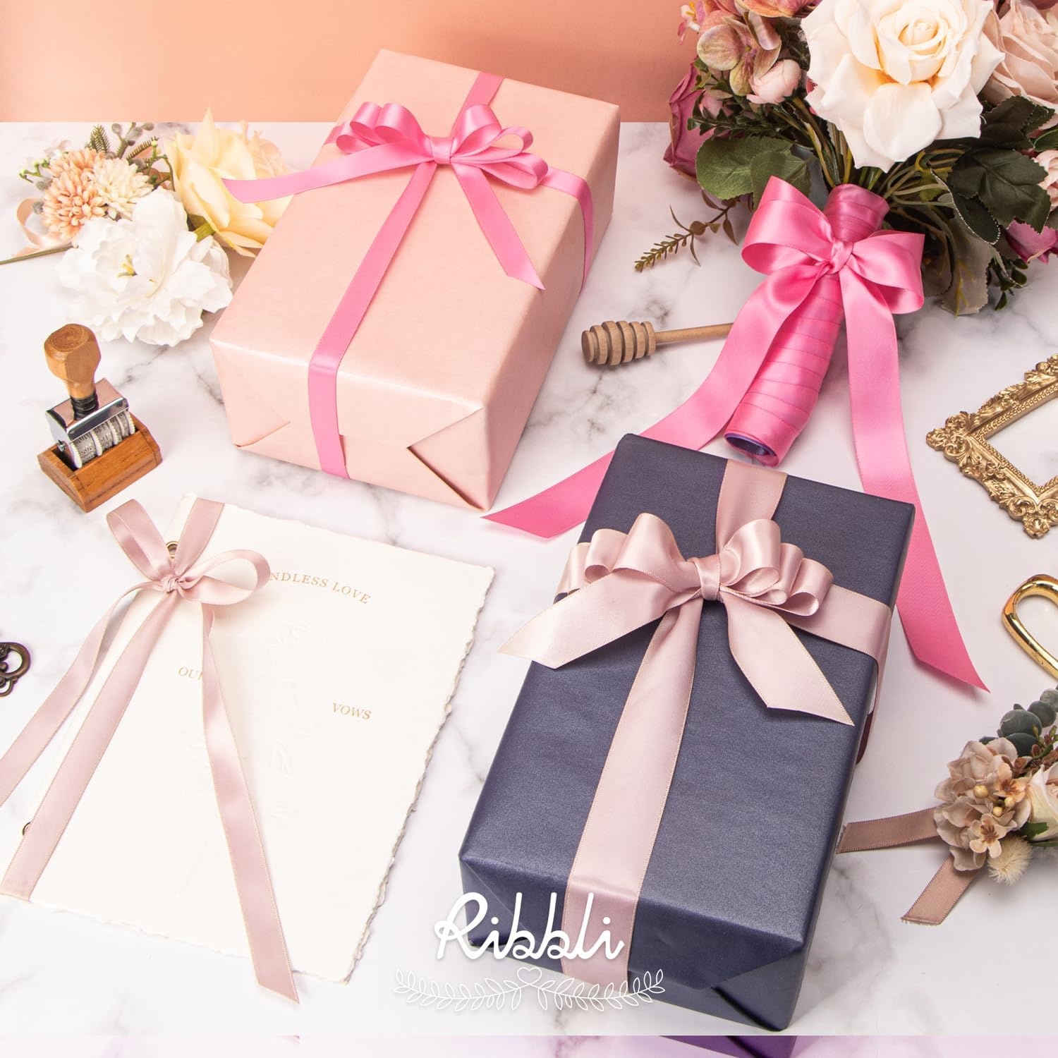 Ribbli Double Faced Rose Gold Satin Ribbon,3/8 x Continuous 25 Yards,Use for Bows Bouquet,Gift Wrapping,Floral Arrangement(Vanilla)