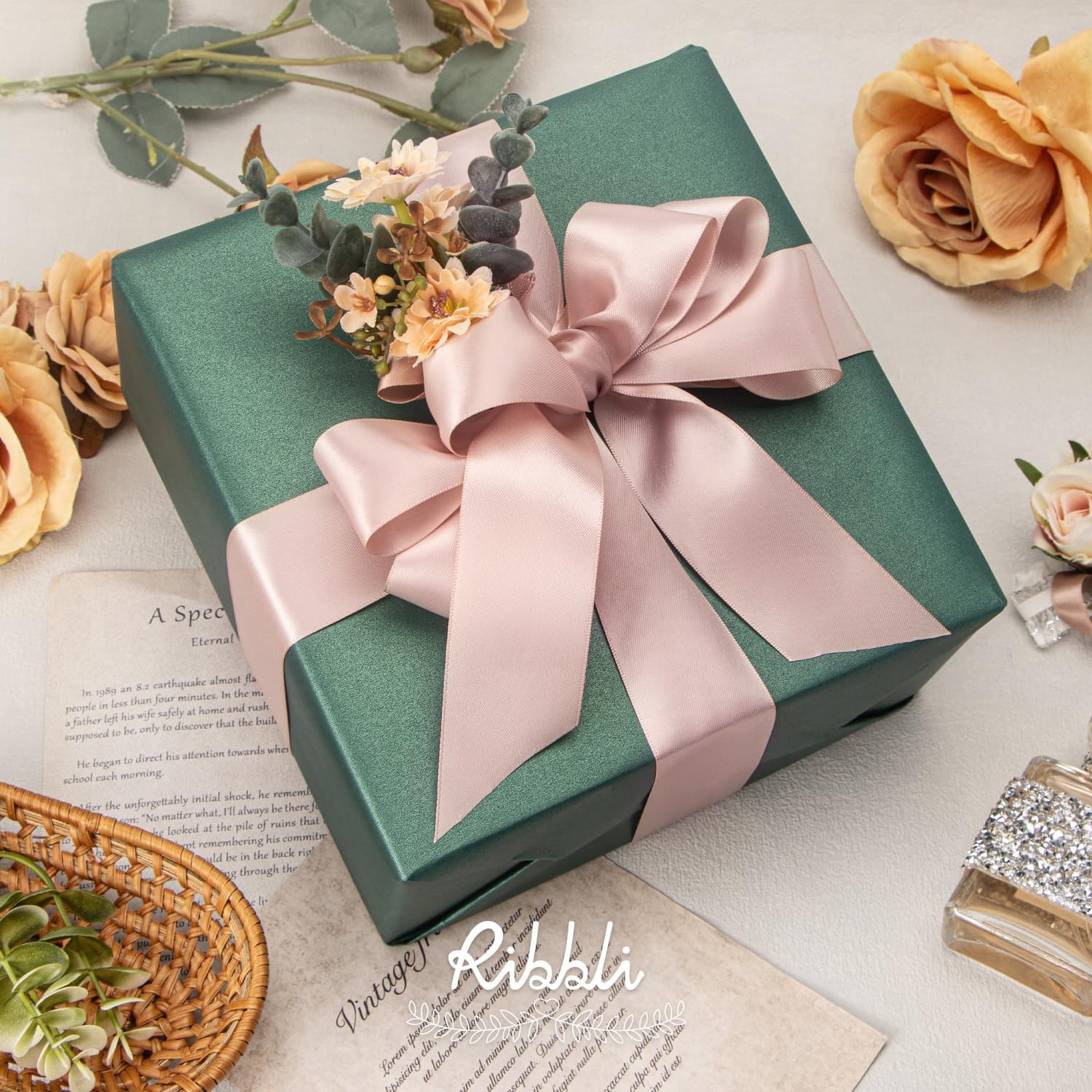 Ribbli Double Faced Rose Gold Satin Ribbon,3/8 x Continuous 25 Yards,Use for Bows Bouquet,Gift Wrapping,Floral Arrangement(Vanilla)