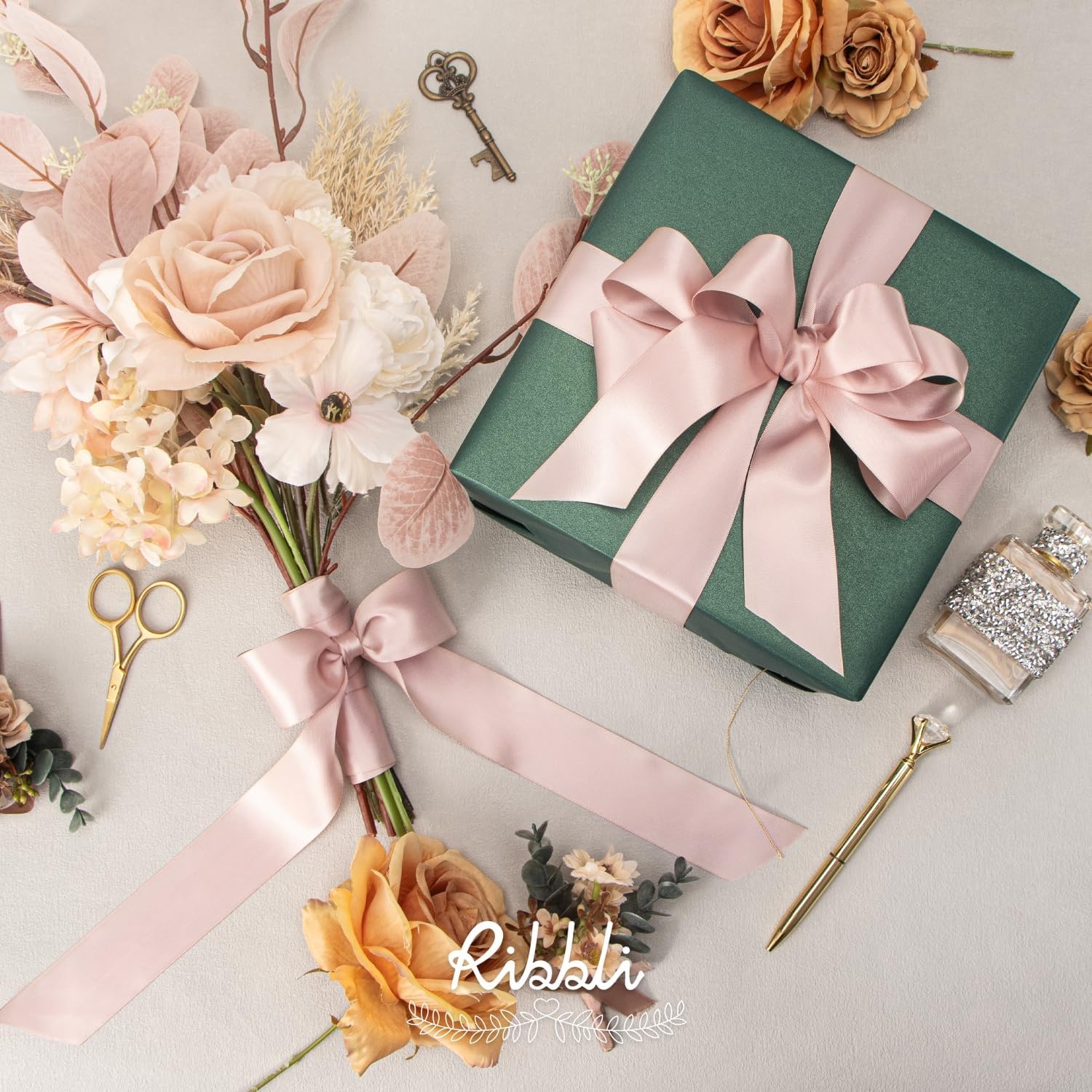 Ribbli Double Faced Rose Gold Satin Ribbon,3/8 x Continuous 25 Yards,Use for Bows Bouquet,Gift Wrapping,Floral Arrangement(Vanilla)