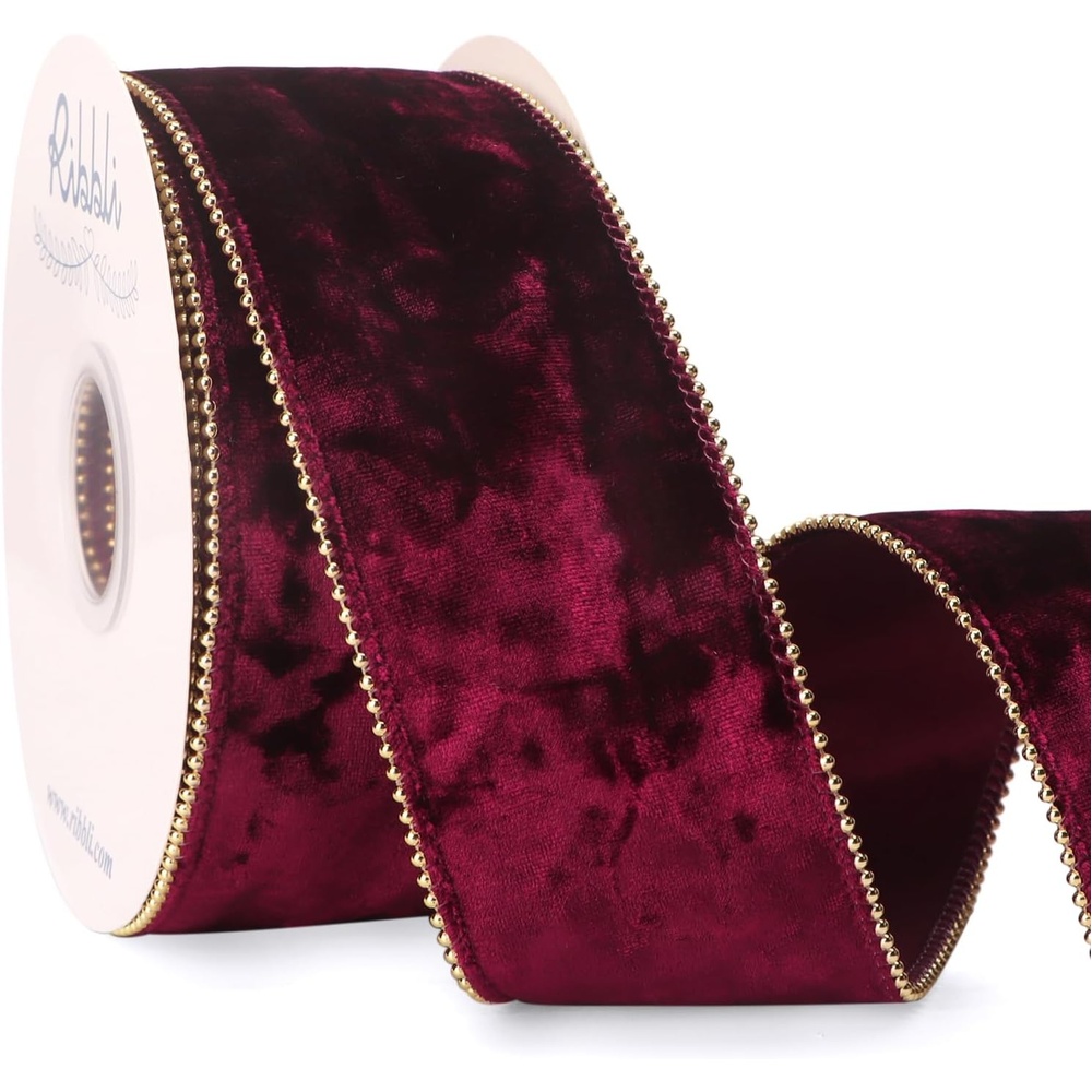 Ribbli Red Crushed Velvet Wired Ribbon with Beaded Pearl Edge, 2-1/2 Inch 10-Yard for Gift Wrapping Christmas Tree Decoration Crafts Wreaths Supplies(Burgundy)