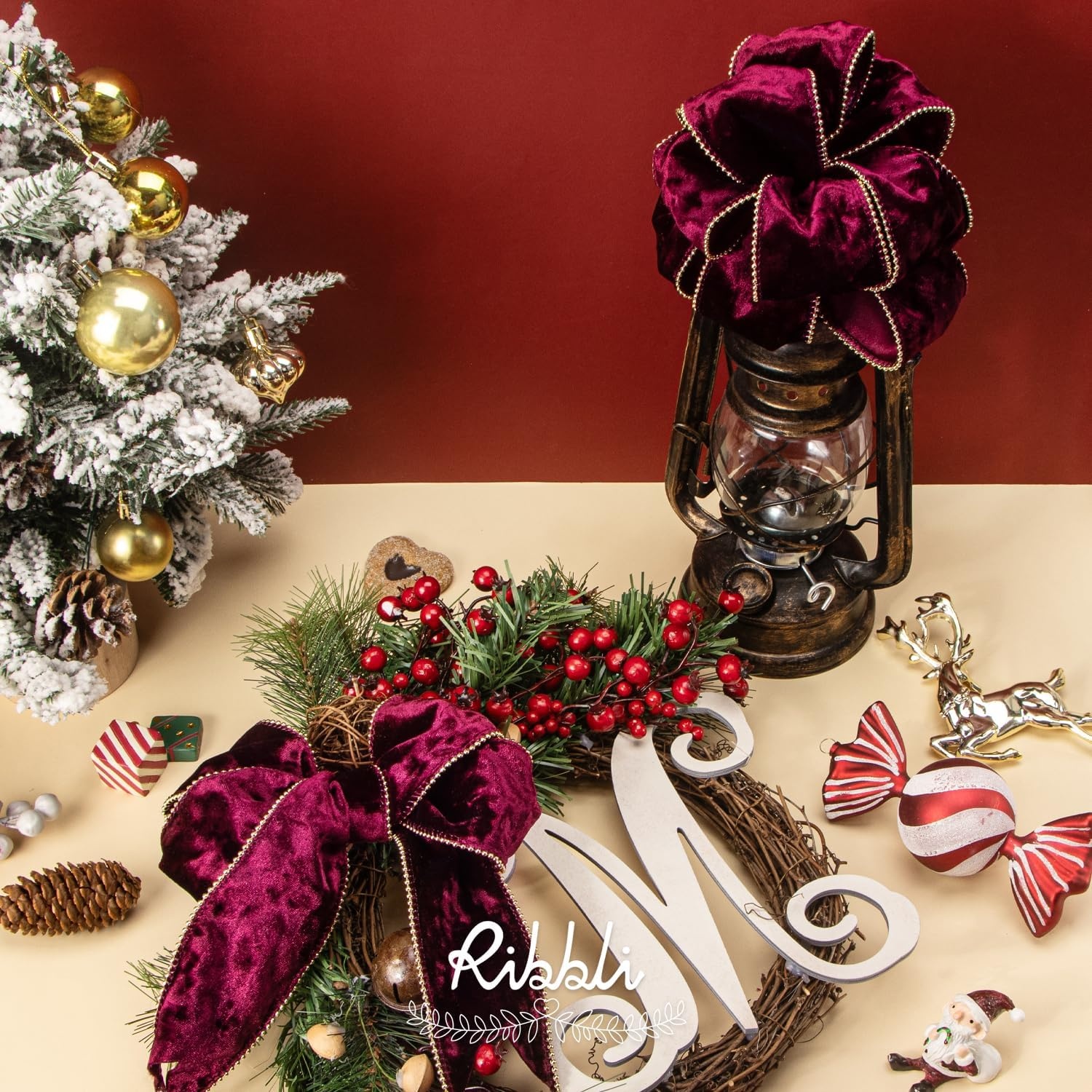 Ribbli Red Crushed Velvet Wired Ribbon with Beaded Pearl Edge, 2-1/2 Inch 10-Yard for Gift Wrapping Christmas Tree Decoration Crafts Wreaths Supplies(Burgundy)