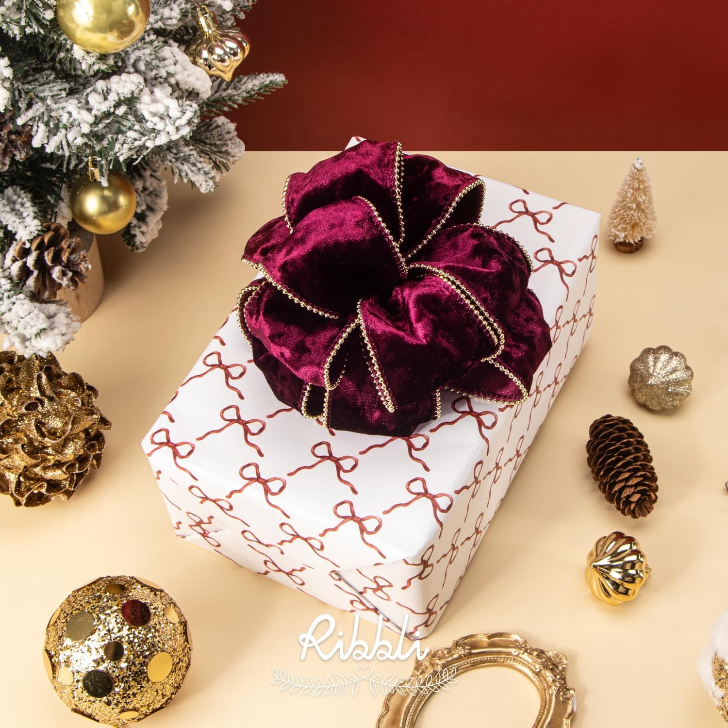 Ribbli Red Crushed Velvet Wired Ribbon with Beaded Pearl Edge, 2-1/2 Inch 10-Yard for Gift Wrapping Christmas Tree Decoration Crafts Wreaths Supplies(Burgundy)