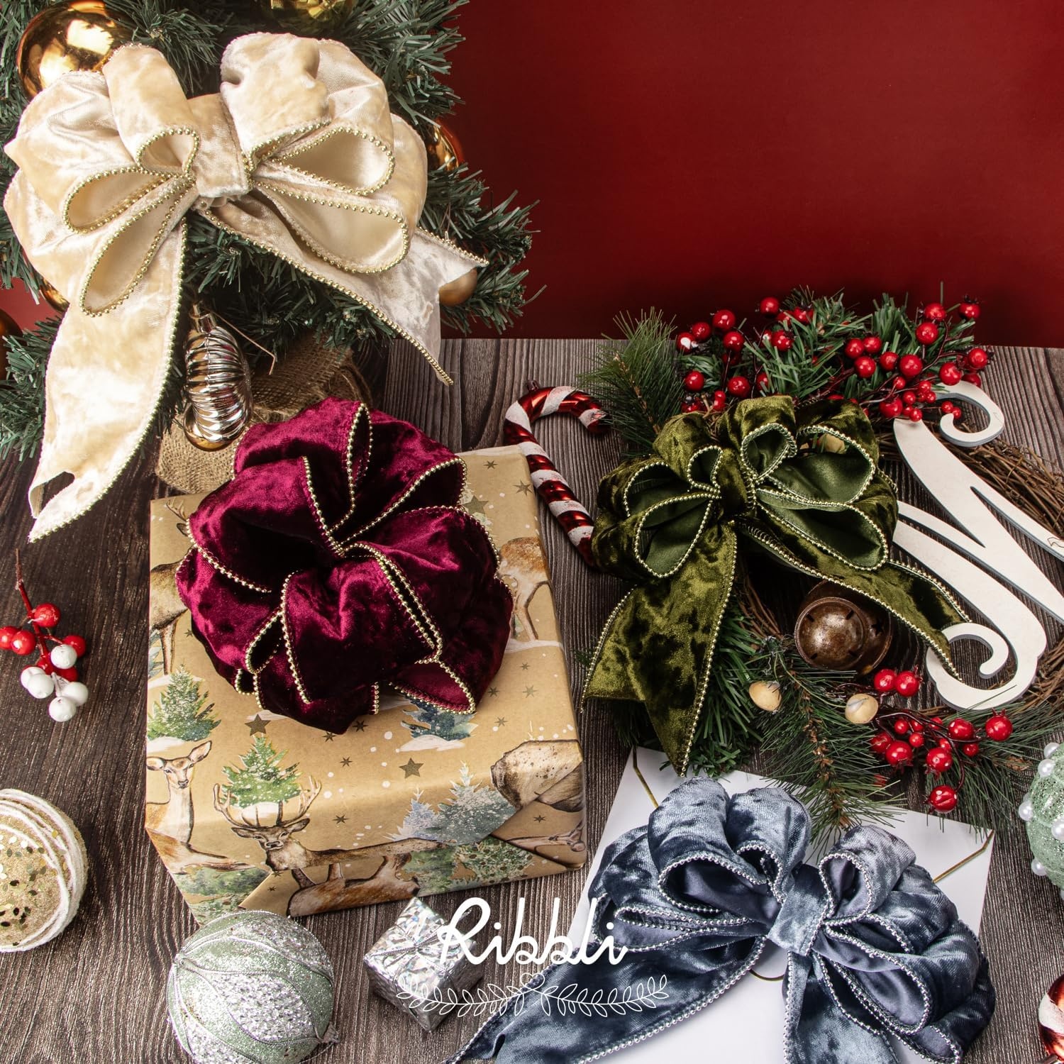 Ribbli Red Crushed Velvet Wired Ribbon with Beaded Pearl Edge, 2-1/2 Inch 10-Yard for Gift Wrapping Christmas Tree Decoration Crafts Wreaths Supplies(Burgundy)