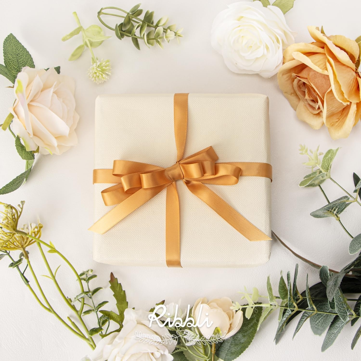 Ribbli Dusty Sage Satin Ribbon Double Faced Satin 1/2 inch x Continuous 50 Yards-Spring Moss Ribbon for Gift Wrapping Crafts Wedding Decoration Bows Bouquet Floral Arrangement(Gold Old)