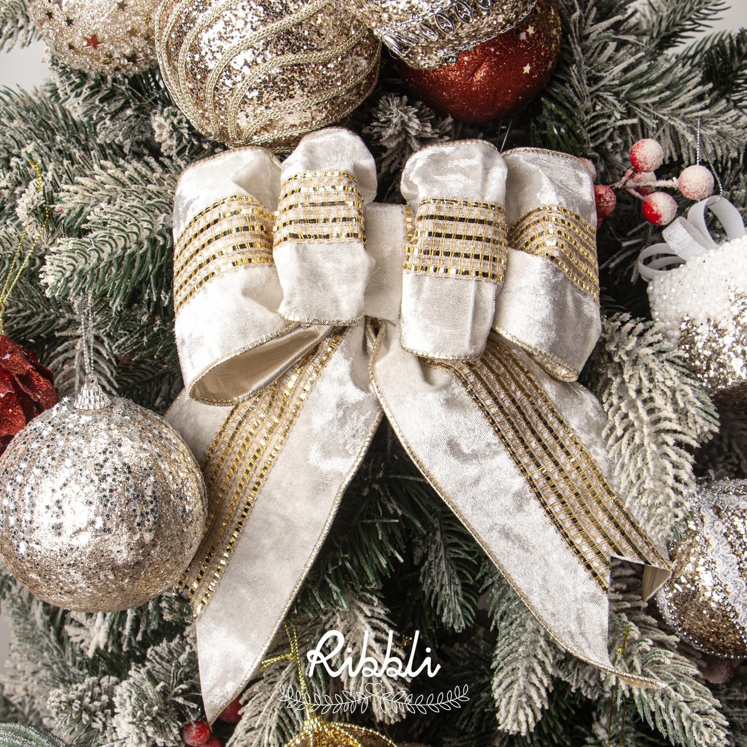Ribbli Burgundy Velvet Wired Ribbon with Luxurious Glittering Stripe 4 Inch Christmas Ribbon for Tree Gift Wrapping Wreaths Garland Topper Bows Crafts Home Decor -10 Yards(Ivory)