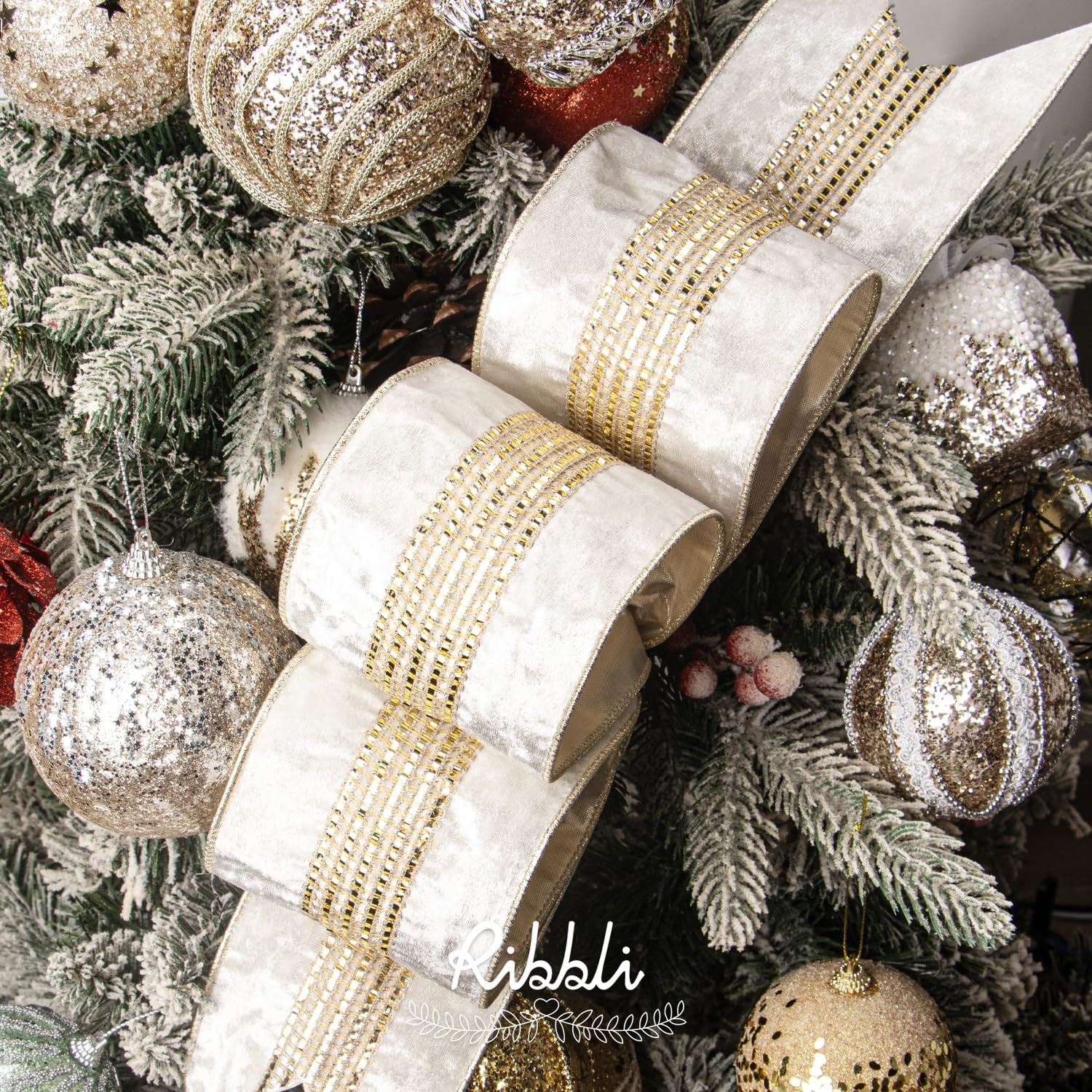 Ribbli Burgundy Velvet Wired Ribbon with Luxurious Glittering Stripe 4 Inch Christmas Ribbon for Tree Gift Wrapping Wreaths Garland Topper Bows Crafts Home Decor -10 Yards(Ivory)