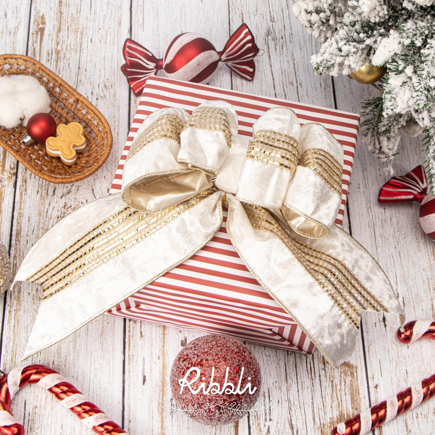 Ribbli Burgundy Velvet Wired Ribbon with Luxurious Glittering Stripe 4 Inch Christmas Ribbon for Tree Gift Wrapping Wreaths Garland Topper Bows Crafts Home Decor -10 Yards(Ivory)