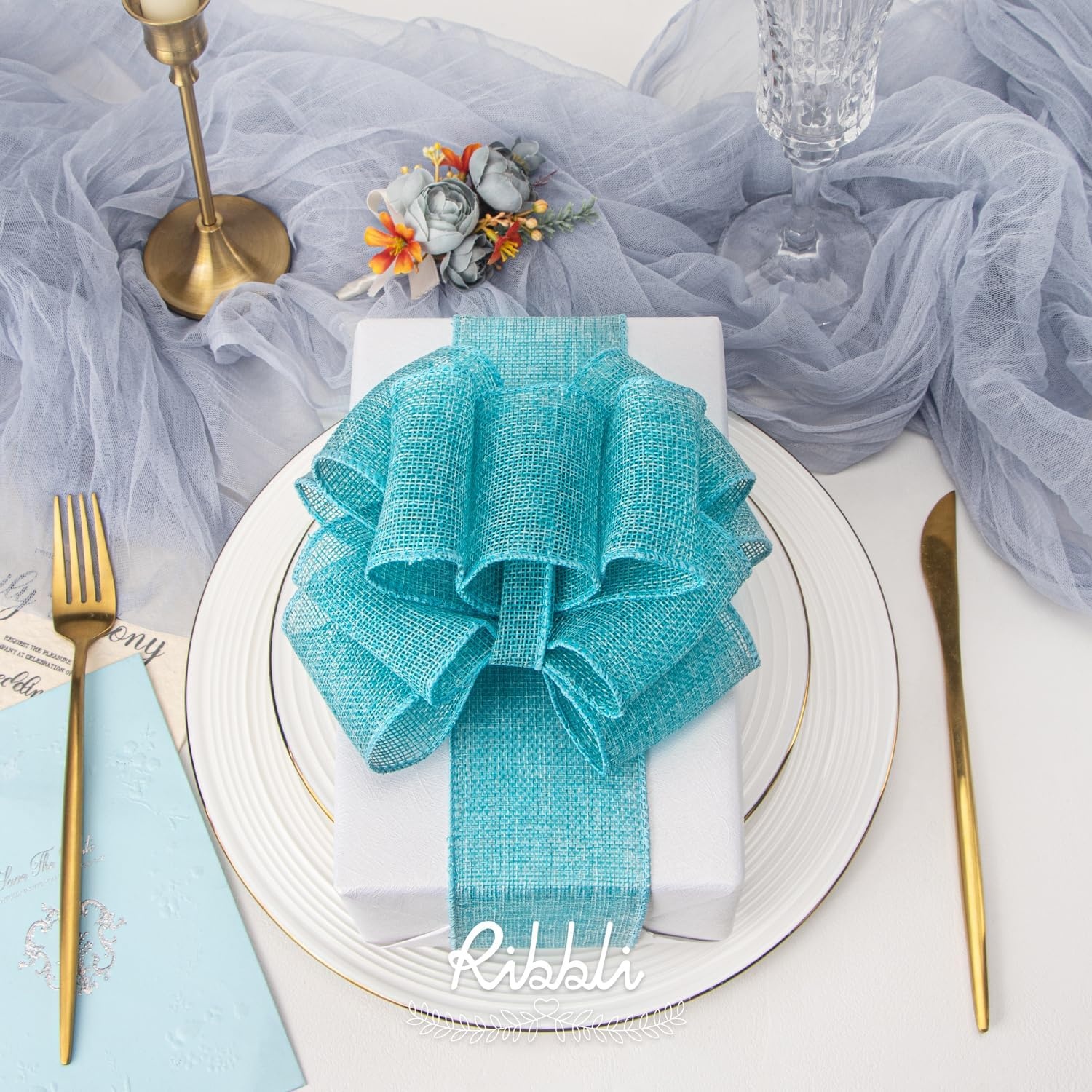Ribbli Baby Blue Burlap Wired Ribbon,2-1/2 Inch x Continuous 10 Yard, Wired Edge Ribbon for Big Bow,Wreath,Baby Shower Decoration,Outdoor Decoration(Lt.Blue)