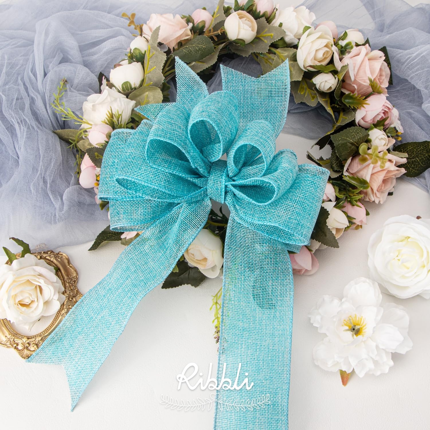Ribbli Baby Blue Burlap Wired Ribbon,2-1/2 Inch x Continuous 10 Yard, Wired Edge Ribbon for Big Bow,Wreath,Baby Shower Decoration,Outdoor Decoration(Lt.Blue)