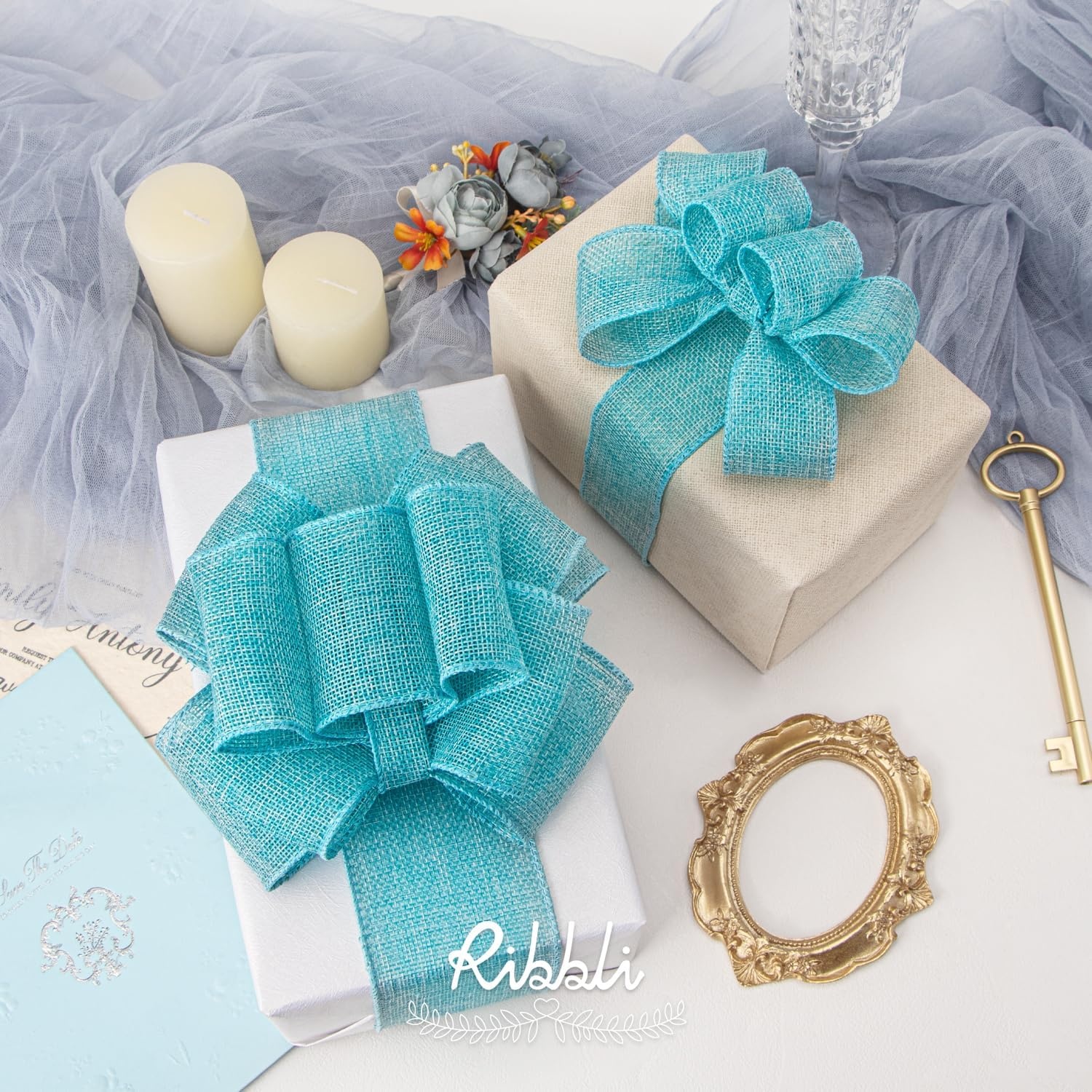 Ribbli Baby Blue Burlap Wired Ribbon,2-1/2 Inch x Continuous 10 Yard, Wired Edge Ribbon for Big Bow,Wreath,Baby Shower Decoration,Outdoor Decoration(Lt.Blue)