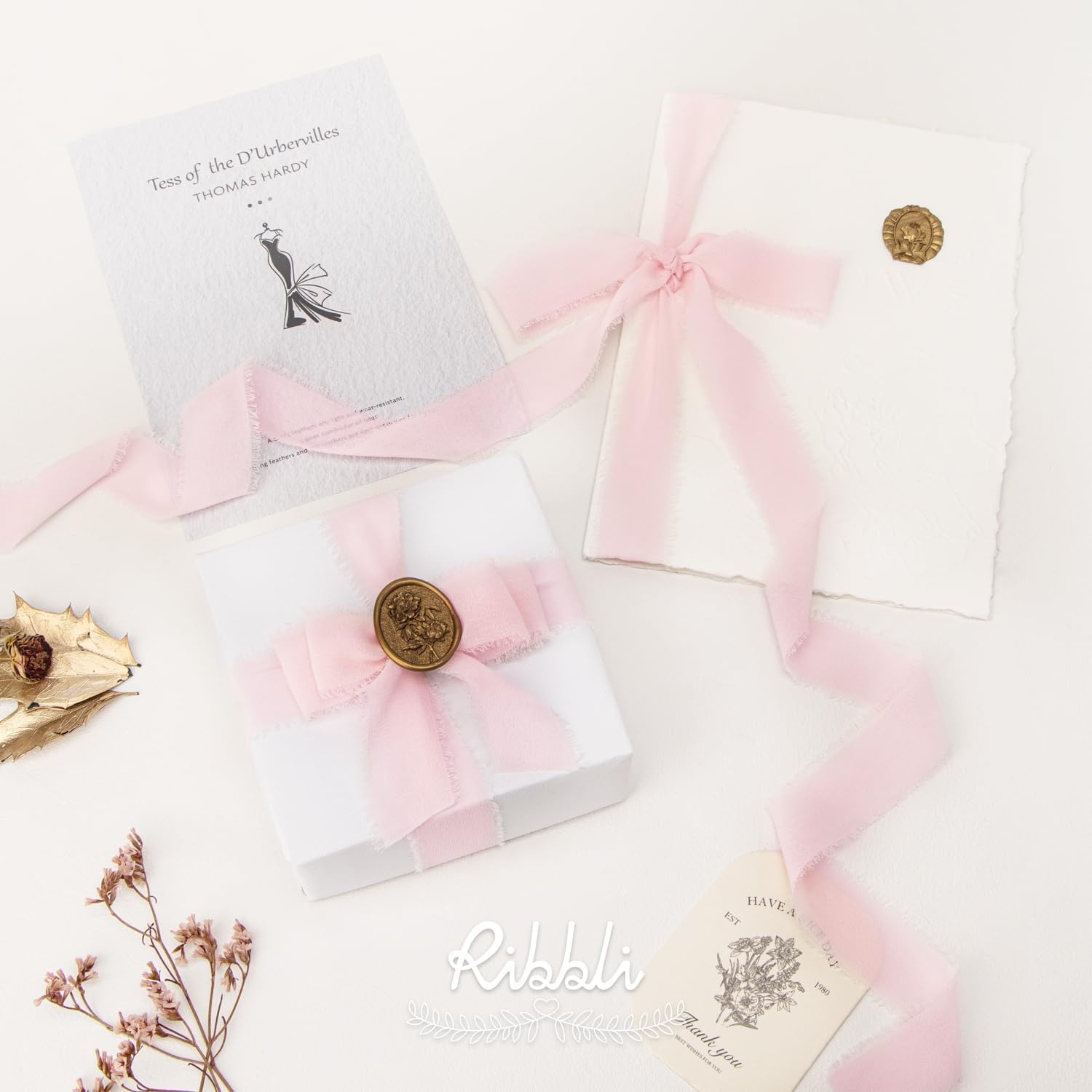 Ribbli Creamy Sage Ribbon 1 Inch x 3 Rolls Total 24 Yards Light Green Handmade Fringe Chiffon Silk Ribbon for Wrapping Wedding Invitations Bridal Bouquets DIY Crafts Home Decor(Pale Blush)