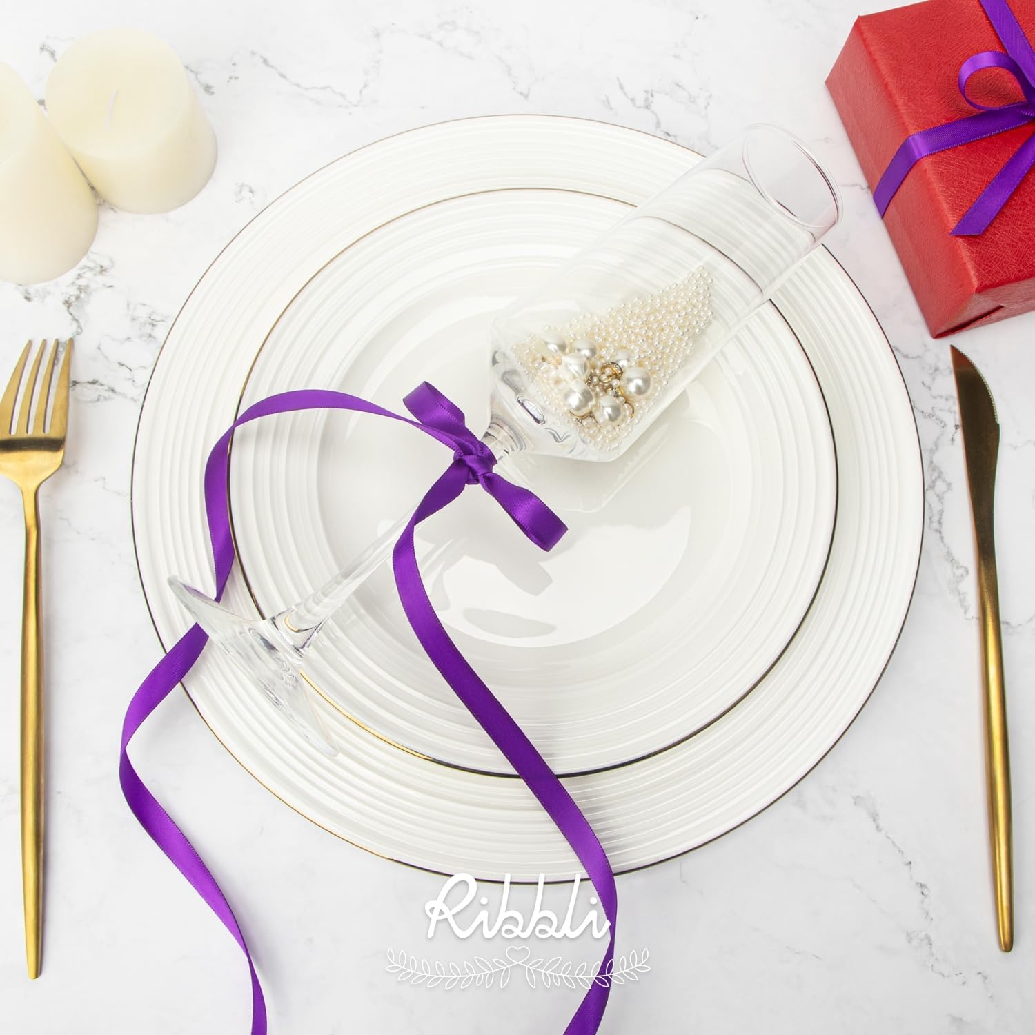 Ribbli Champagne Gold Satin Ribbon Double Faced Satin 3/8 Inch x Continuous 50 Yards-Champagne Ribbon for Gift Wrapping Crafts Wedding Decoration Bows Bouquet Floral Arrangement(Purple)