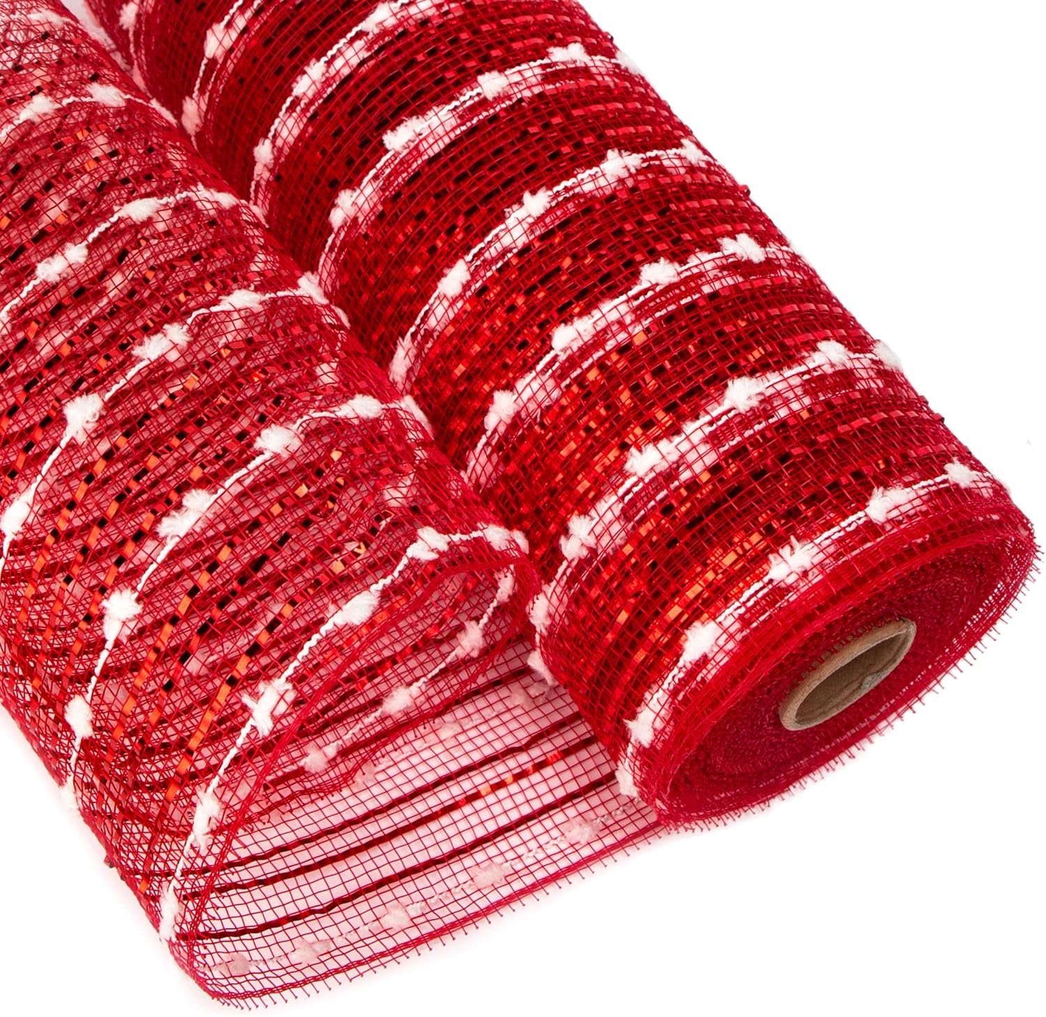 Ribbli Christmas Tree Decor, Metallic Mesh Ribbon, 10 in x 30 ft (10 Yards), Red with Wide Foil, for Wreaths & Trees(Red/White)