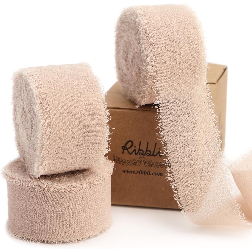 Ribbli Creamy Sage Ribbon 1 Inch x 3 Rolls Total 24 Yards Light Green Handmade Fringe Chiffon Silk Ribbon for Wrapping Wedding Invitations Bridal Bouquets DIY Crafts Home Decor(Beige)