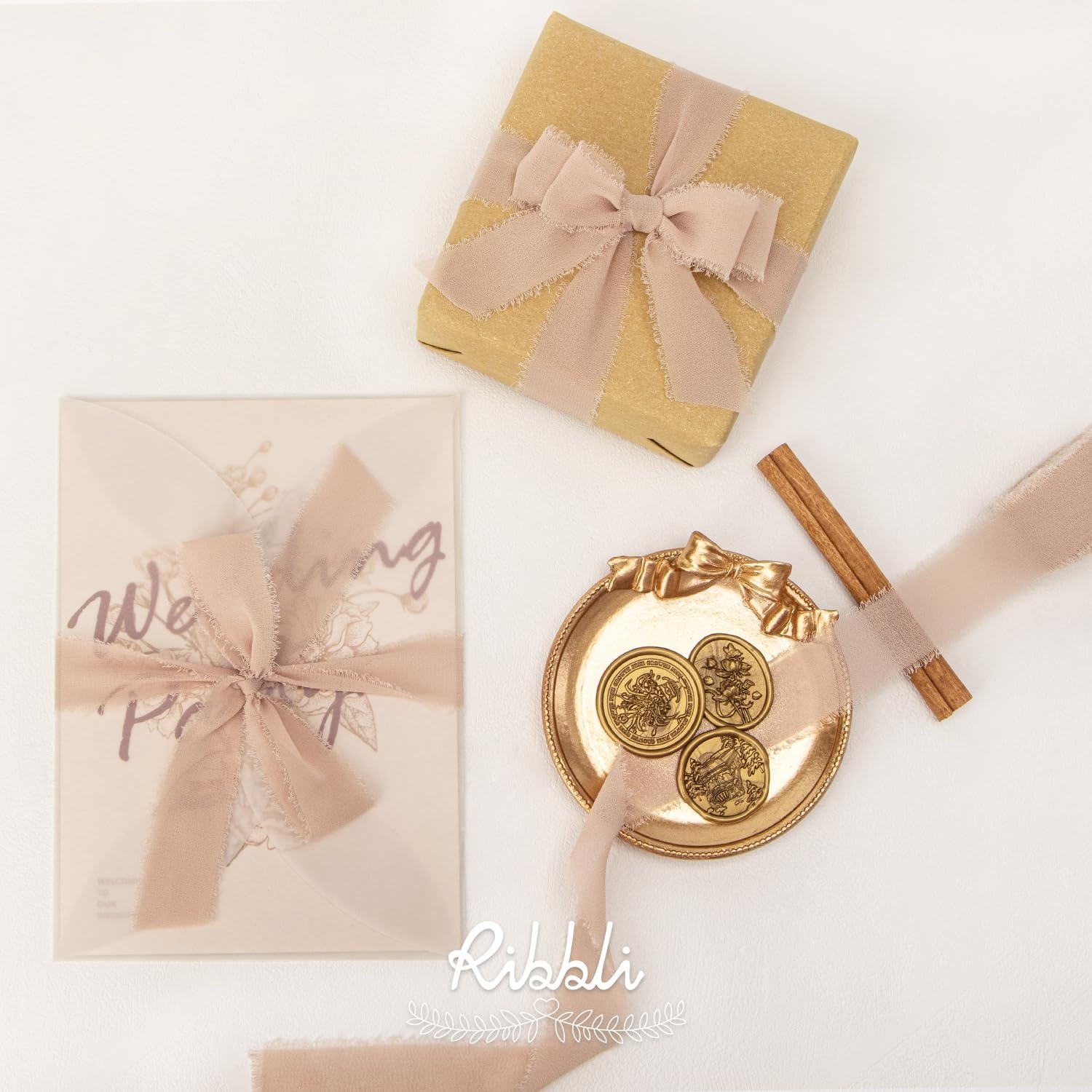 Ribbli Creamy Sage Ribbon 1 Inch x 3 Rolls Total 24 Yards Light Green Handmade Fringe Chiffon Silk Ribbon for Wrapping Wedding Invitations Bridal Bouquets DIY Crafts Home Decor(Beige)
