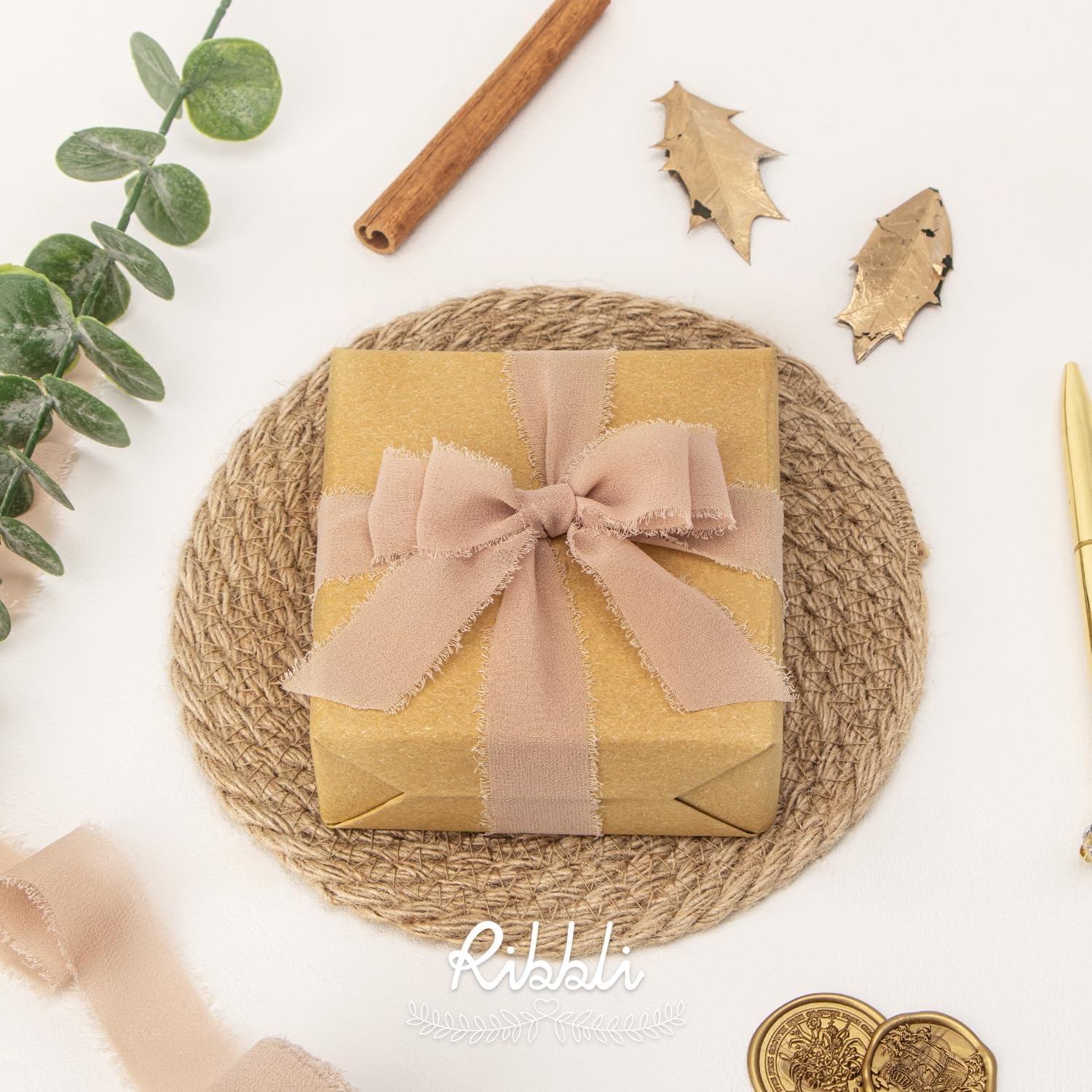 Ribbli Creamy Sage Ribbon 1 Inch x 3 Rolls Total 24 Yards Light Green Handmade Fringe Chiffon Silk Ribbon for Wrapping Wedding Invitations Bridal Bouquets DIY Crafts Home Decor(Beige)