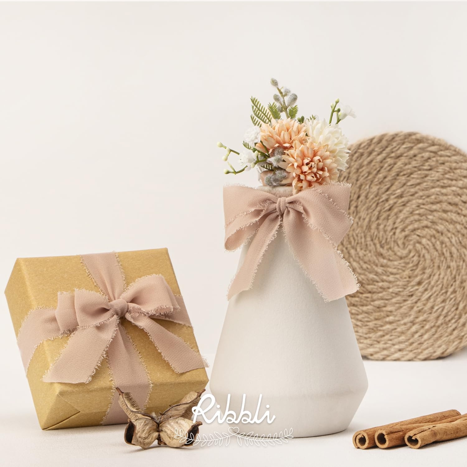 Ribbli Creamy Sage Ribbon 1 Inch x 3 Rolls Total 24 Yards Light Green Handmade Fringe Chiffon Silk Ribbon for Wrapping Wedding Invitations Bridal Bouquets DIY Crafts Home Decor(Beige)