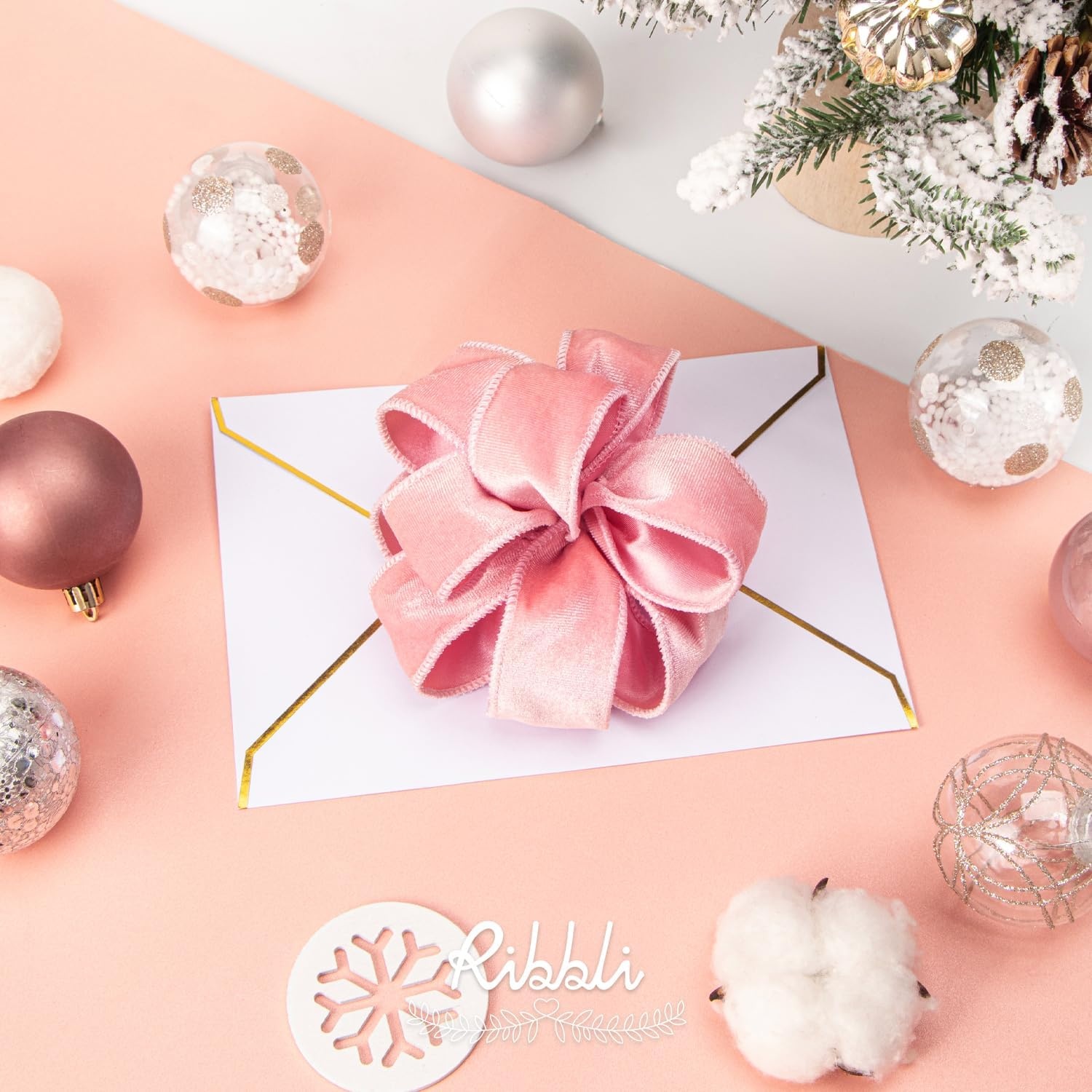 Ribbli Dusty Green Velvet Wired Ribbon 4 Inch Sage Velvet with Satin Christmas Ribbon for Gift Wrapping Christmas Tree Decoration Crafts Wreaths Supplies-Continuous 10 Yards(Light Pink)