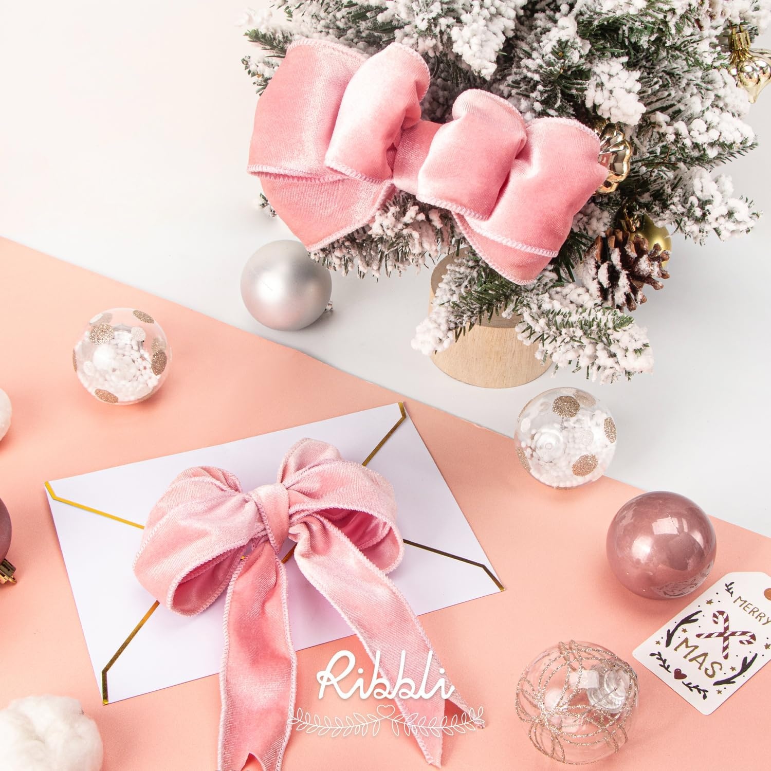 Ribbli Dusty Green Velvet Wired Ribbon 4 Inch Sage Velvet with Satin Christmas Ribbon for Gift Wrapping Christmas Tree Decoration Crafts Wreaths Supplies-Continuous 10 Yards(Light Pink)