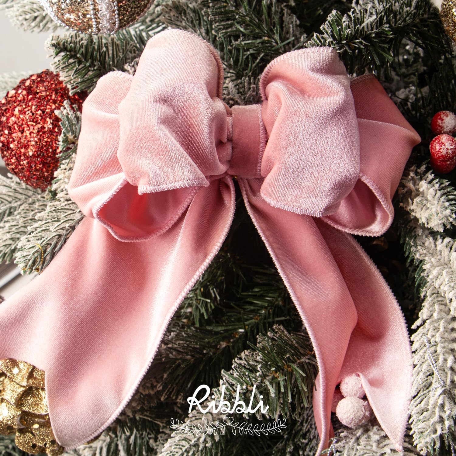 Ribbli Dusty Green Velvet Wired Ribbon 4 Inch Sage Velvet with Satin Christmas Ribbon for Gift Wrapping Christmas Tree Decoration Crafts Wreaths Supplies-Continuous 10 Yards(Light Pink)