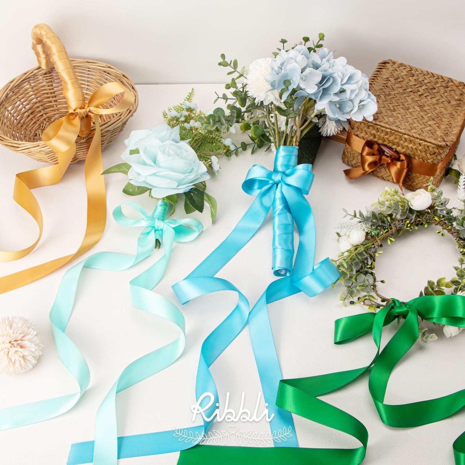 Ribbli Dusty Blue Satin Ribbon Double Faced Satin 1-1/2 Inch x Continuous 50 Yards-Blue Ribbon for Gift Wrapping Crafts Wedding Decoration Bows Bouquet Floral Arrangement(Gold Old)