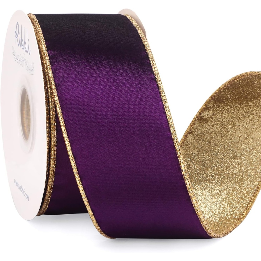 Ribbli Moss Green Velvet Ribbon Wired 2.5 Inch Glossy Velvet with Gold Glitter Christmas Ribbon for Christmas Tree Decoration Big Bow Gift Wrapping Crafts Wreaths Supplies – Continuous 10 Yards(Purple)