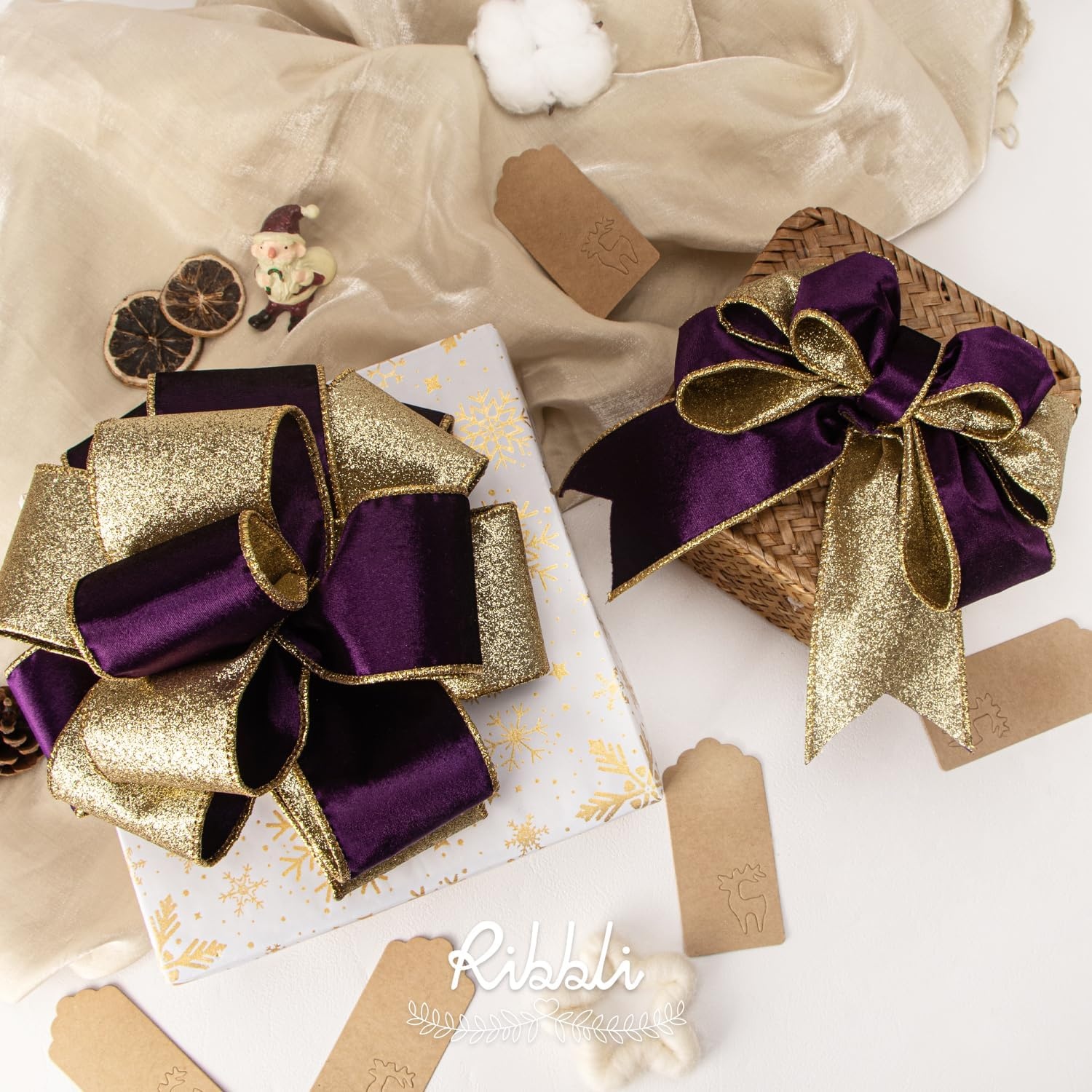 Ribbli Moss Green Velvet Ribbon Wired 2.5 Inch Glossy Velvet with Gold Glitter Christmas Ribbon for Christmas Tree Decoration Big Bow Gift Wrapping Crafts Wreaths Supplies – Continuous 10 Yards(Purple)
