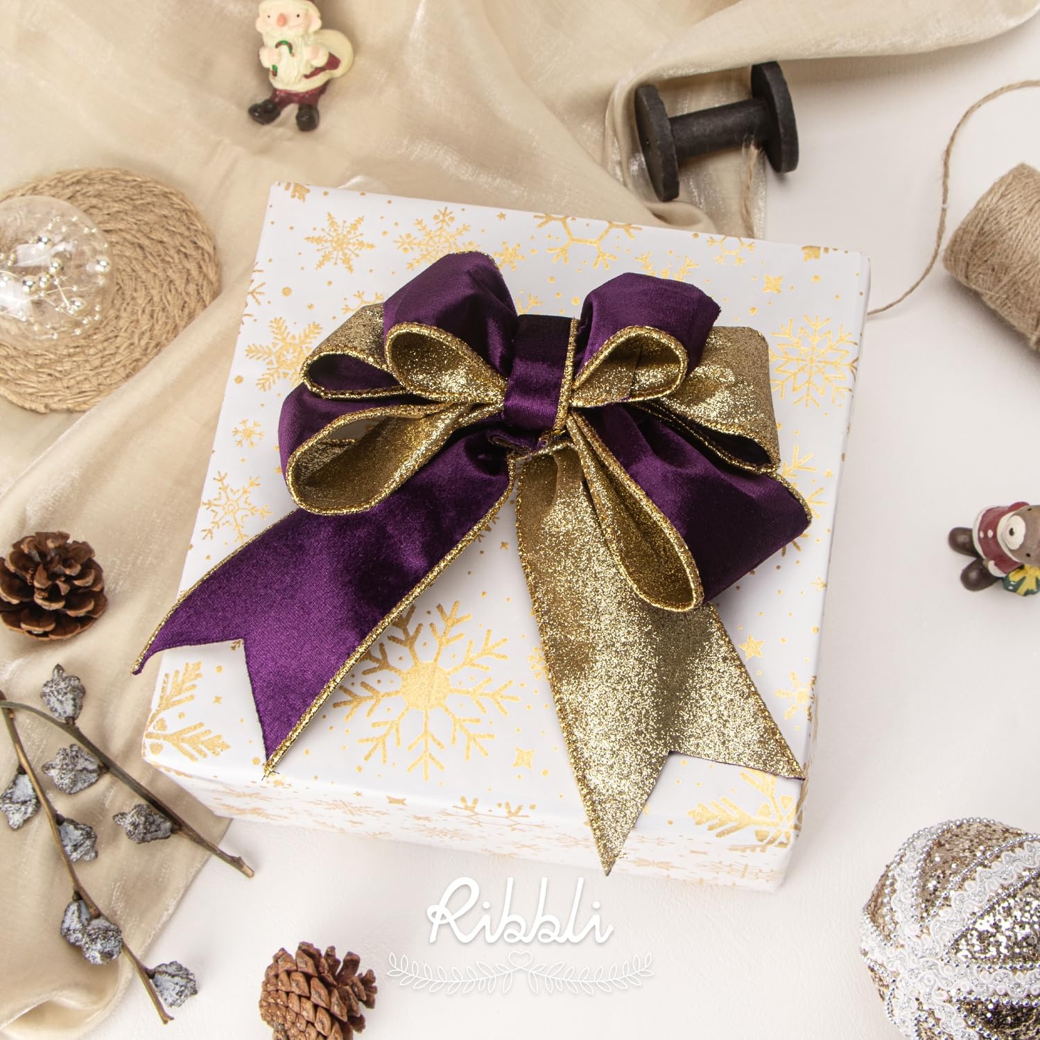 Ribbli Moss Green Velvet Ribbon Wired 2.5 Inch Glossy Velvet with Gold Glitter Christmas Ribbon for Christmas Tree Decoration Big Bow Gift Wrapping Crafts Wreaths Supplies – Continuous 10 Yards(Purple)