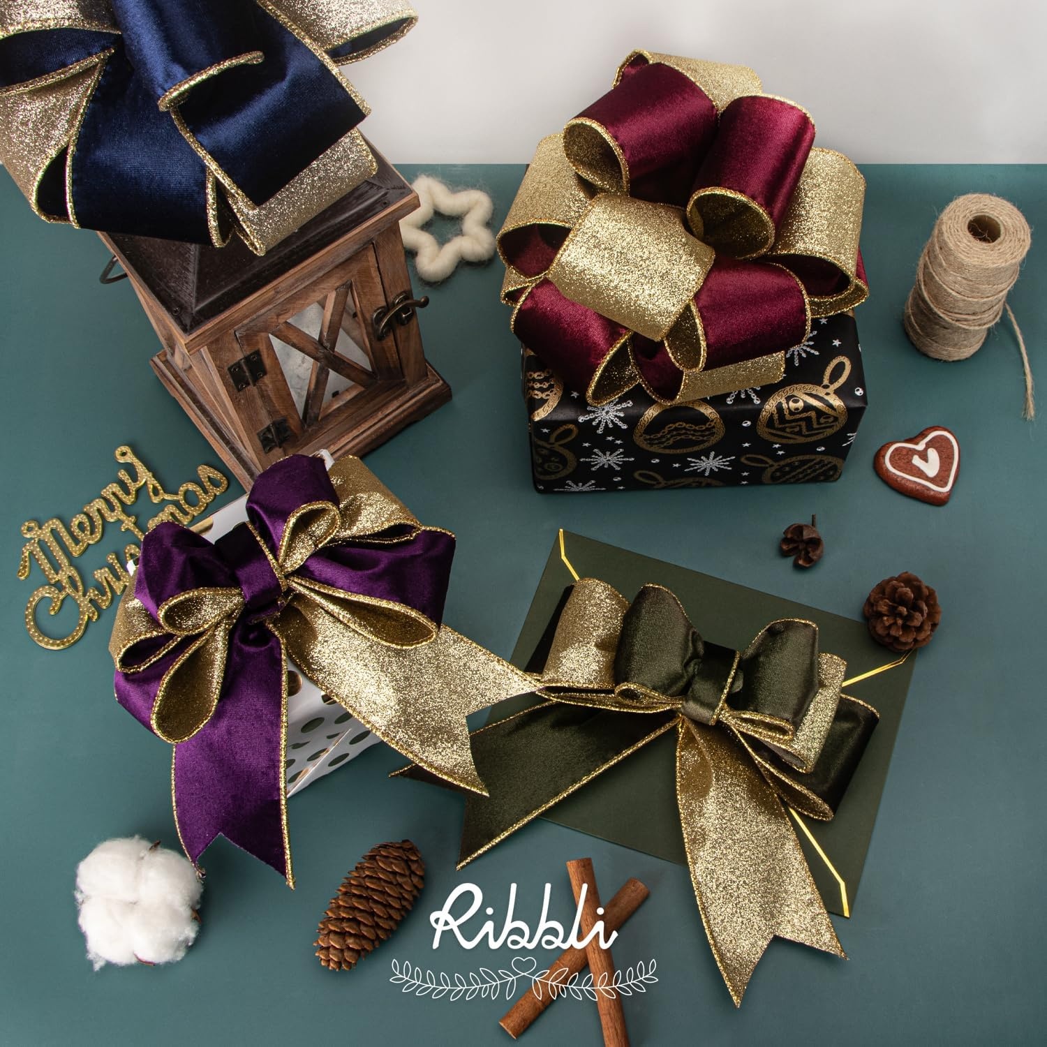 Ribbli Moss Green Velvet Ribbon Wired 2.5 Inch Glossy Velvet with Gold Glitter Christmas Ribbon for Christmas Tree Decoration Big Bow Gift Wrapping Crafts Wreaths Supplies – Continuous 10 Yards(Purple)