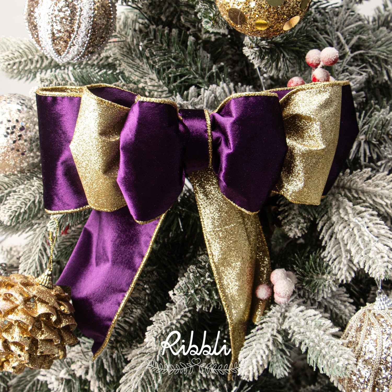 Ribbli Moss Green Velvet Ribbon Wired 2.5 Inch Glossy Velvet with Gold Glitter Christmas Ribbon for Christmas Tree Decoration Big Bow Gift Wrapping Crafts Wreaths Supplies – Continuous 10 Yards(Purple)