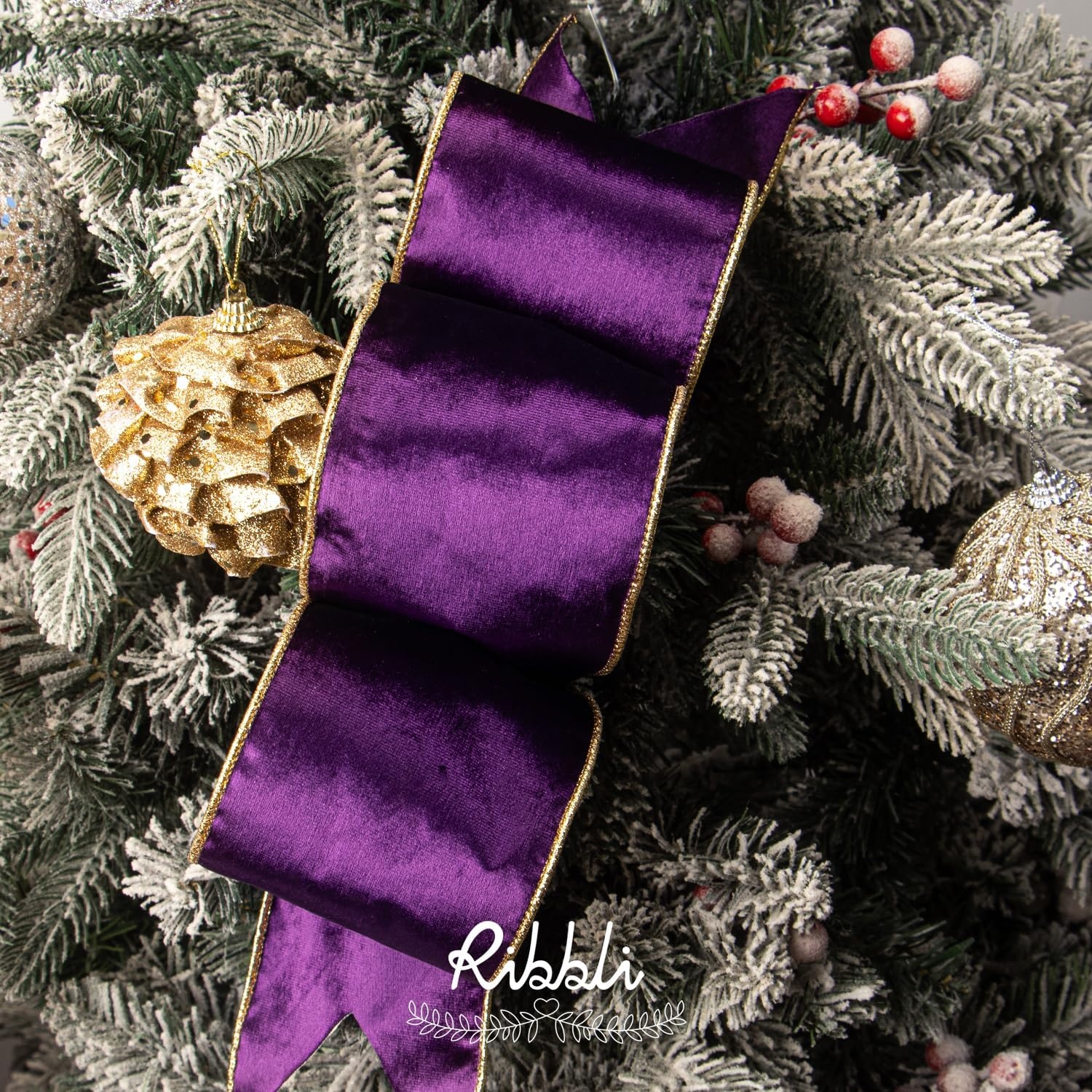 Ribbli Moss Green Velvet Ribbon Wired 2.5 Inch Glossy Velvet with Gold Glitter Christmas Ribbon for Christmas Tree Decoration Big Bow Gift Wrapping Crafts Wreaths Supplies – Continuous 10 Yards(Purple)