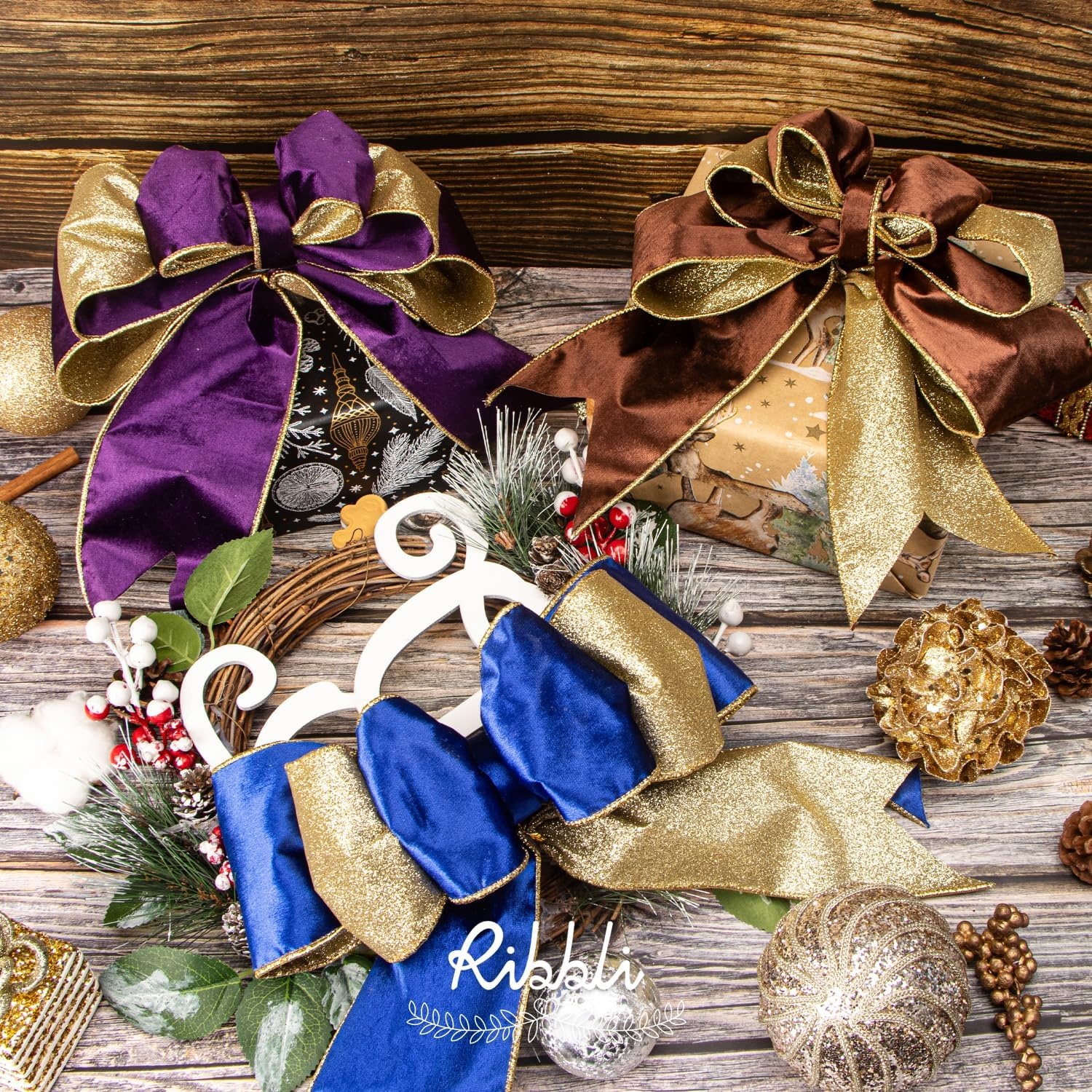 Ribbli Moss Green Velvet Ribbon Wired 2.5 Inch Glossy Velvet with Gold Glitter Christmas Ribbon for Christmas Tree Decoration Big Bow Gift Wrapping Crafts Wreaths Supplies – Continuous 10 Yards(Purple)
