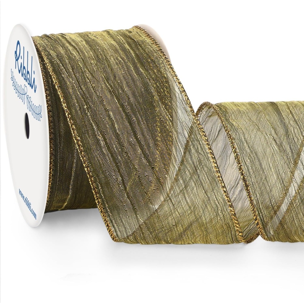 Ribbli Gold Crinkled Wired Ribbon 2.5 Inch with Metallic Wavy Christmas Ribbon for Cristmas Tree Topper Bow Wreaths Swags Gift Wrapping Wedding Decoration-Countinuous 10 Yard(Moss&Gold)