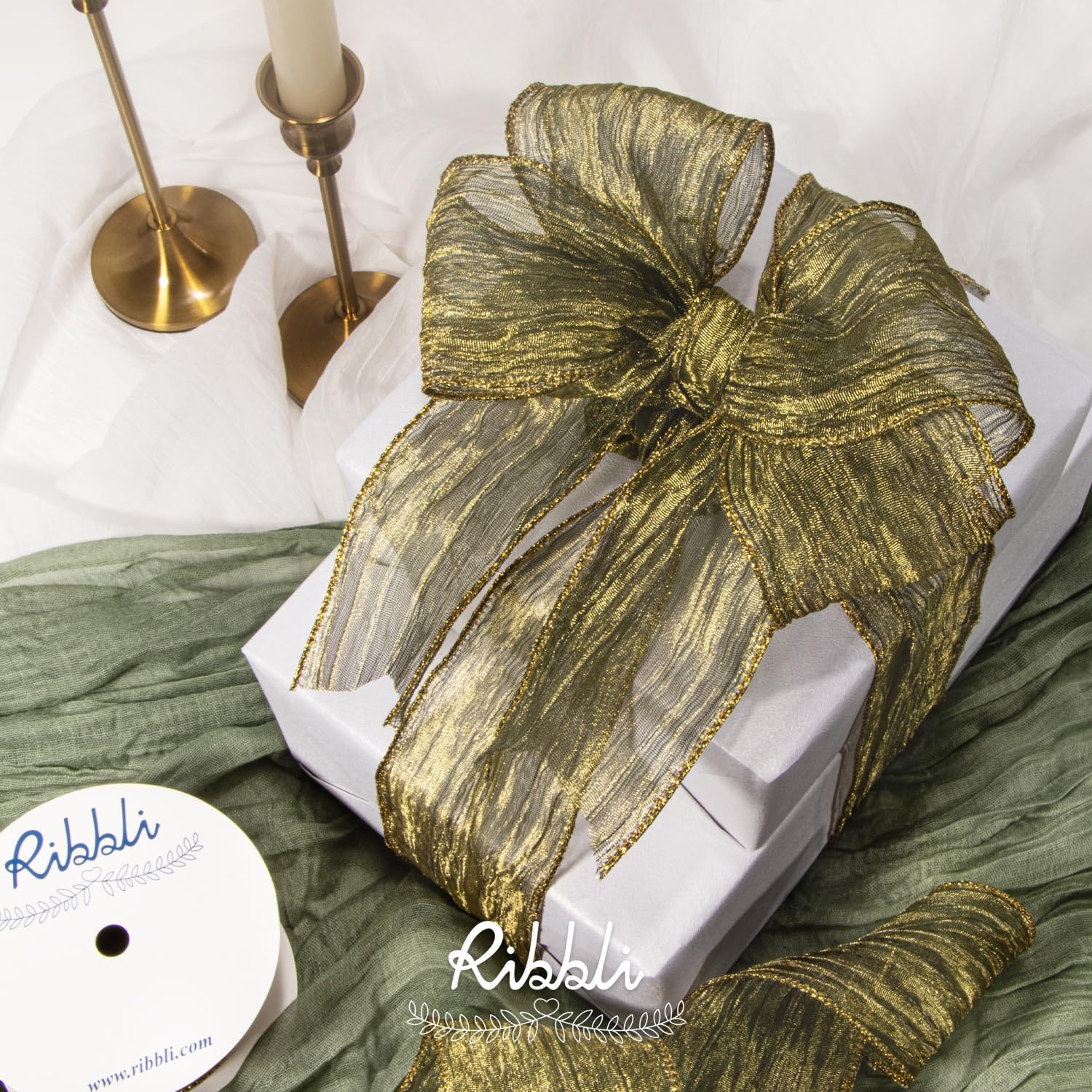 Ribbli Gold Crinkled Wired Ribbon 2.5 Inch with Metallic Wavy Christmas Ribbon for Cristmas Tree Topper Bow Wreaths Swags Gift Wrapping Wedding Decoration-Countinuous 10 Yard(Moss&Gold)