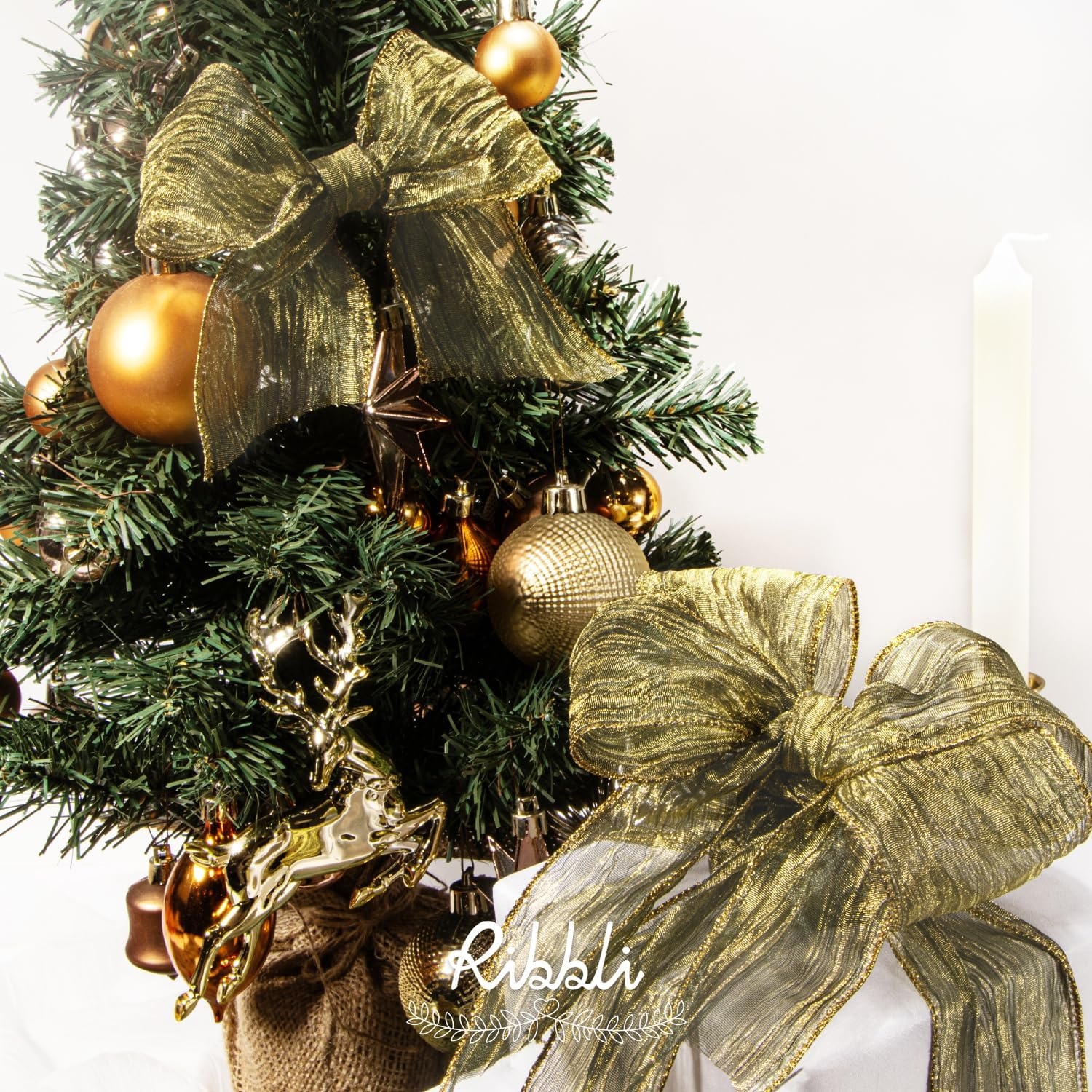Ribbli Gold Crinkled Wired Ribbon 2.5 Inch with Metallic Wavy Christmas Ribbon for Cristmas Tree Topper Bow Wreaths Swags Gift Wrapping Wedding Decoration-Countinuous 10 Yard(Moss&Gold)