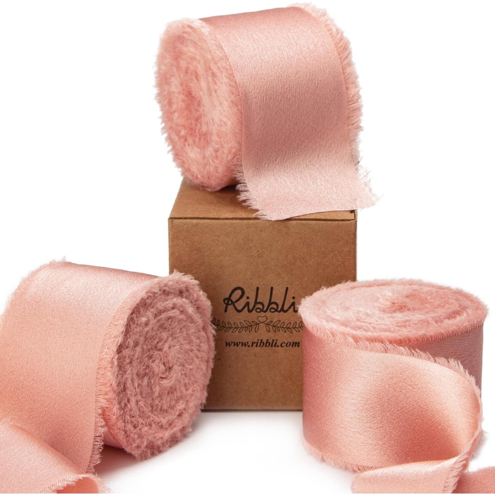 Ribbli Terracotta Silk Satin Ribbon 1.5 Inch x 30 Yard Handmade Frayed Chiffon Burnt Orange Ribbon for Gift Wrapping Wedding Invitations Bridal Bouquets Home Decor(Rose Gold)