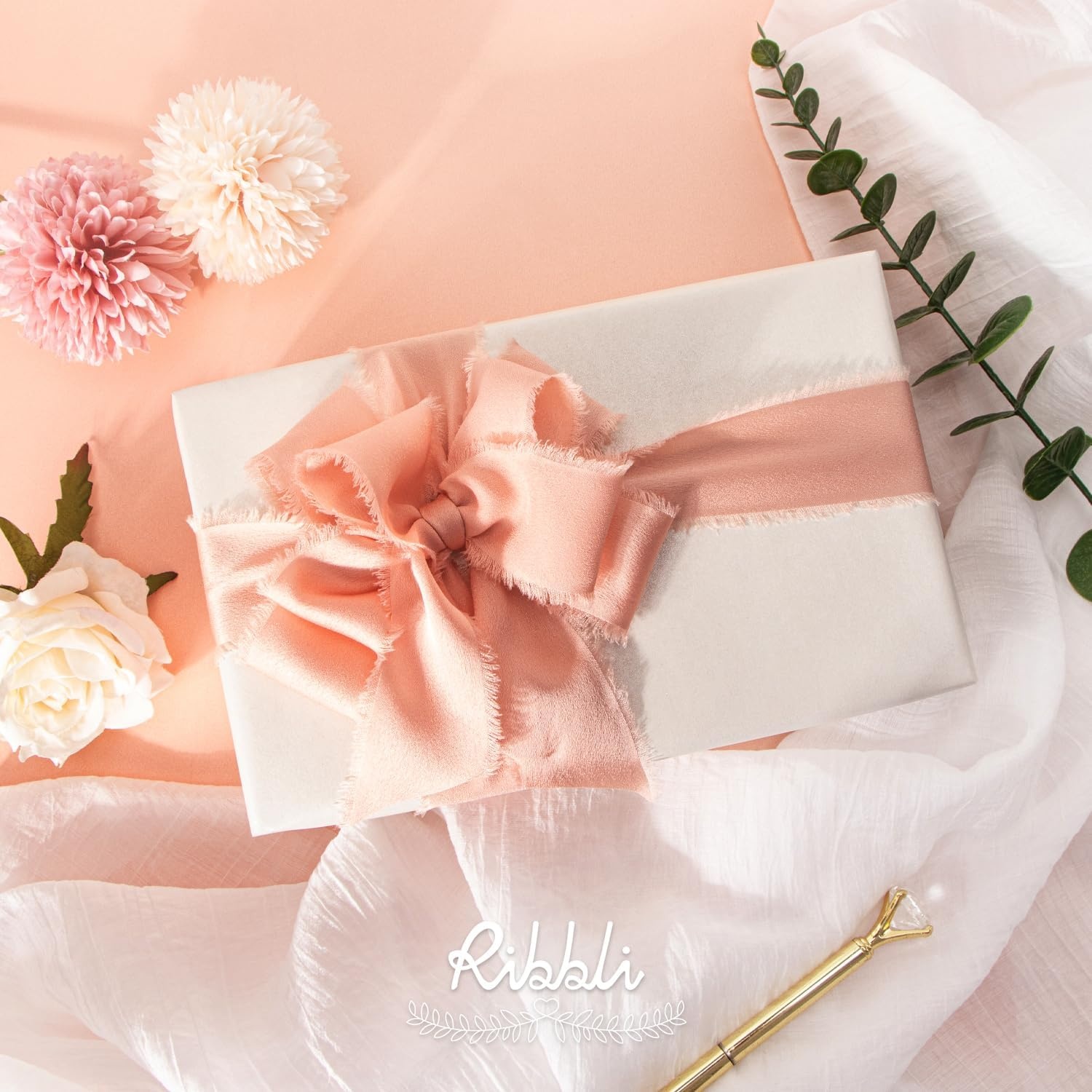 Ribbli Terracotta Silk Satin Ribbon 1.5 Inch x 30 Yard Handmade Frayed Chiffon Burnt Orange Ribbon for Gift Wrapping Wedding Invitations Bridal Bouquets Home Decor(Rose Gold)