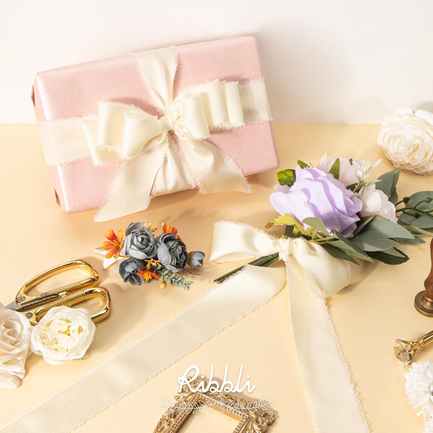 Ribbli Terracotta Silk Satin Ribbon 1.5 Inch x 30 Yard Handmade Frayed Chiffon Burnt Orange Ribbon for Gift Wrapping Wedding Invitations Bridal Bouquets Home Decor(Ivory)