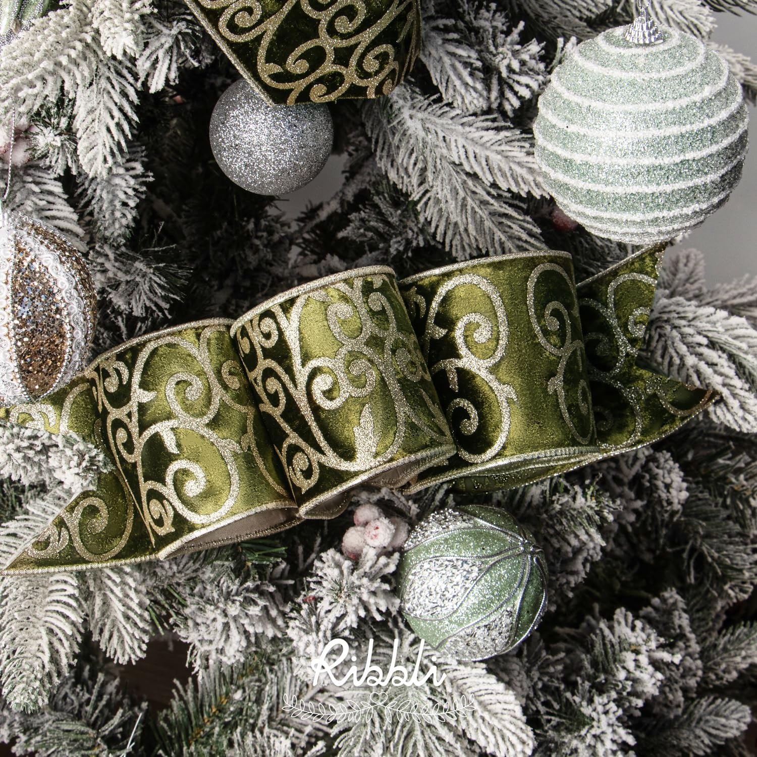 Ribbli Sage Green Velvet Ribbon Wired with Glitter Swirl 4 Inch Christmas Ribbon for Christmas Tree Decoration Big Bow Gift Wrapping Crafts Wreaths Supplies – 10 Yards(Moss Green)