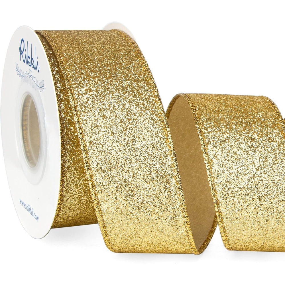 Ribbli Turquoise Blue Glitter Wired Ribbon,Turquoise with Metallic Edge,Christmas Ribbon for Wreath, Christmas Tree Decoration, Gift Wrapping,Home Decor, 2-1/2 Inch x 10 Yards(Gold)