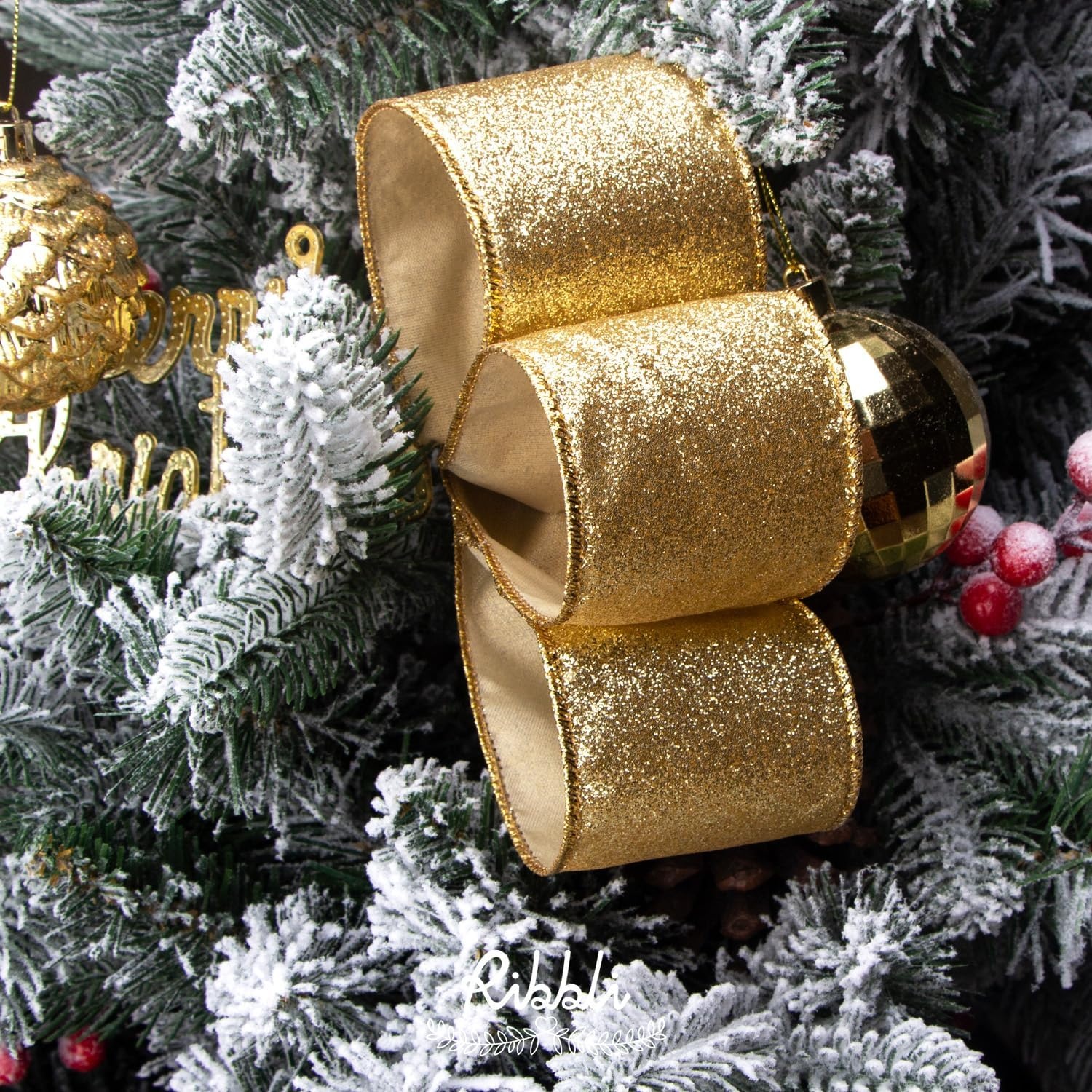 Ribbli Turquoise Blue Glitter Wired Ribbon,Turquoise with Metallic Edge,Christmas Ribbon for Wreath, Christmas Tree Decoration, Gift Wrapping,Home Decor, 2-1/2 Inch x 10 Yards(Gold)
