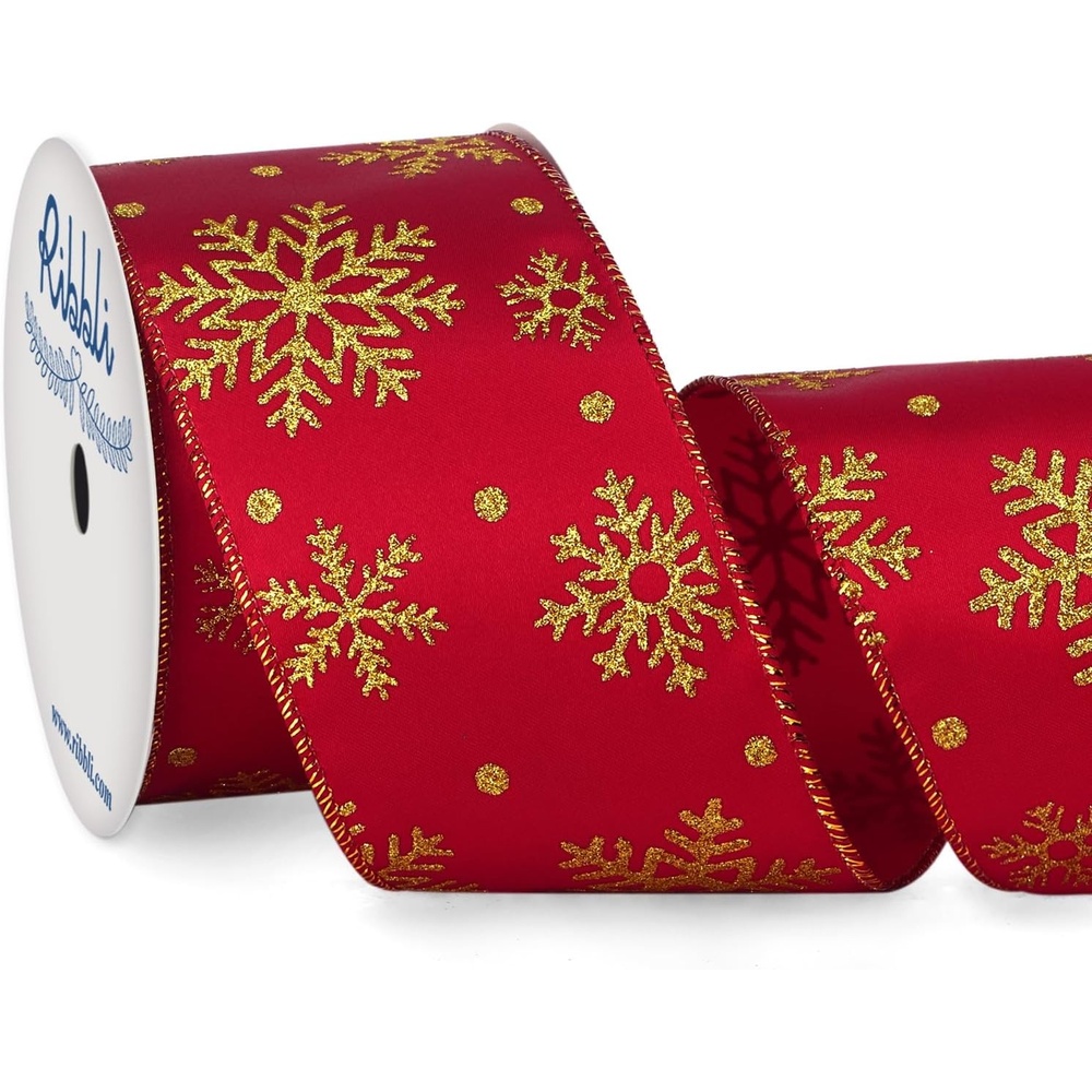 Ribbli Gold Snowflake Wired Ribbon,Ivory Satin with Big Glitter Snowflake Christmas Ribbon for Wreath ChritmasTree Decoration Gift Wrapping Home Decor, 2-1/2 Inch x 10 Yards(Red/Gold)