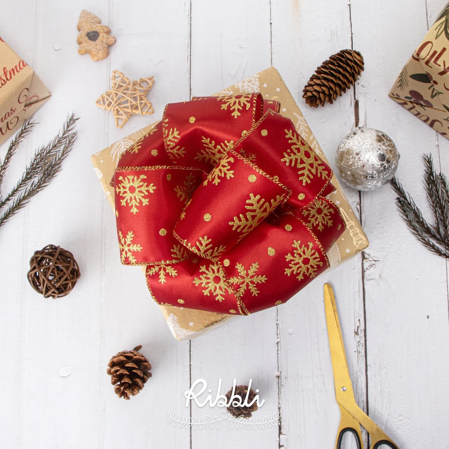 Ribbli Gold Snowflake Wired Ribbon,Ivory Satin with Big Glitter Snowflake Christmas Ribbon for Wreath ChritmasTree Decoration Gift Wrapping Home Decor, 2-1/2 Inch x 10 Yards(Red/Gold)
