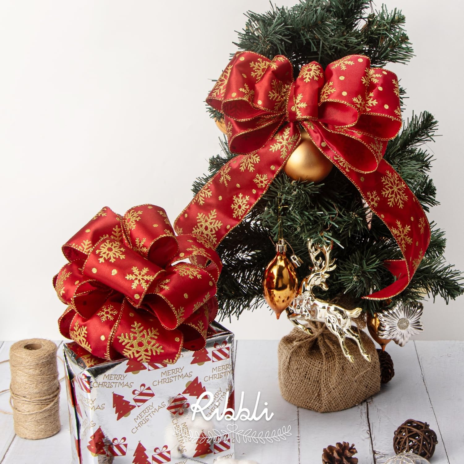 Ribbli Gold Snowflake Wired Ribbon,Ivory Satin with Big Glitter Snowflake Christmas Ribbon for Wreath ChritmasTree Decoration Gift Wrapping Home Decor, 2-1/2 Inch x 10 Yards(Red/Gold)