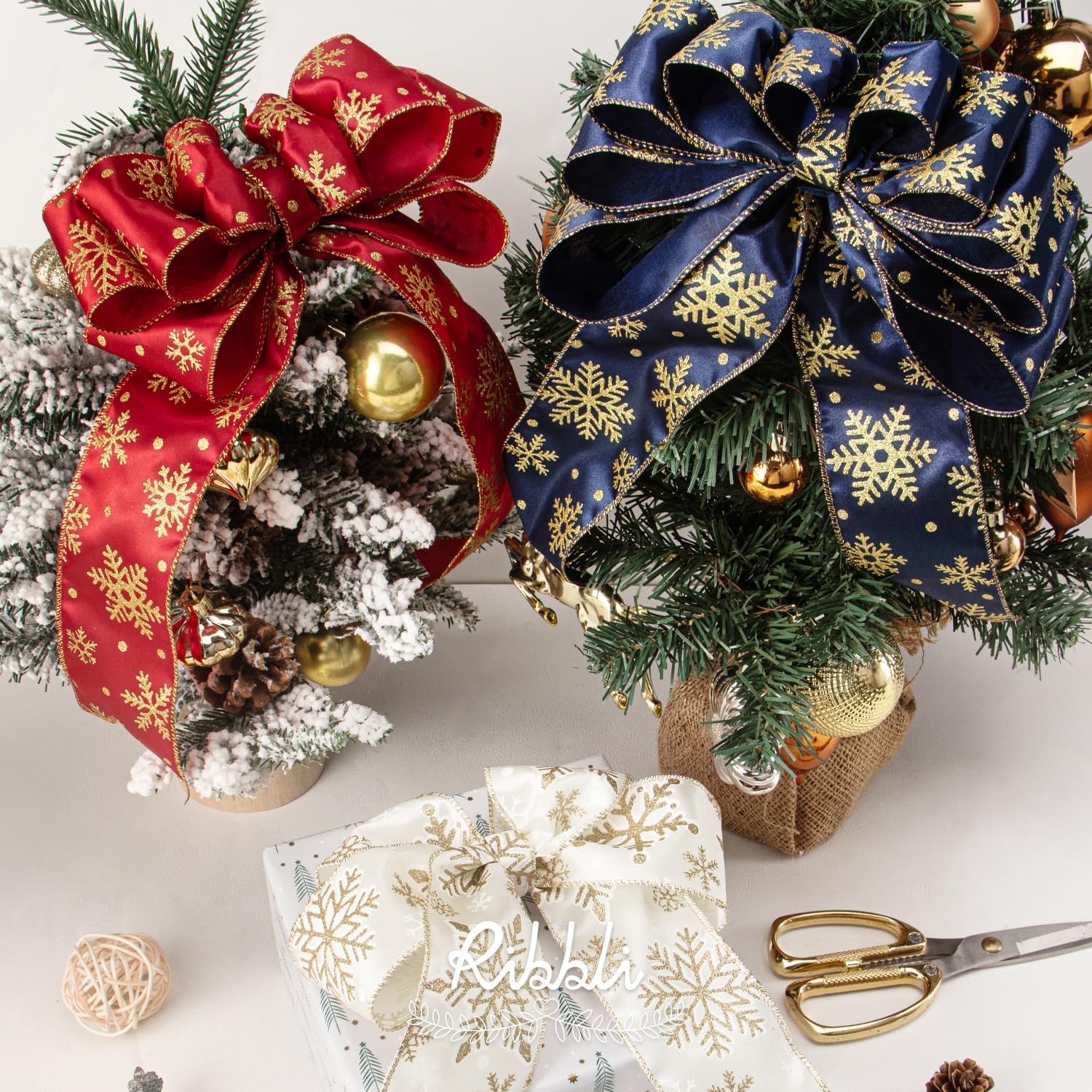 Ribbli Gold Snowflake Wired Ribbon,Ivory Satin with Big Glitter Snowflake Christmas Ribbon for Wreath ChritmasTree Decoration Gift Wrapping Home Decor, 2-1/2 Inch x 10 Yards(Red/Gold)